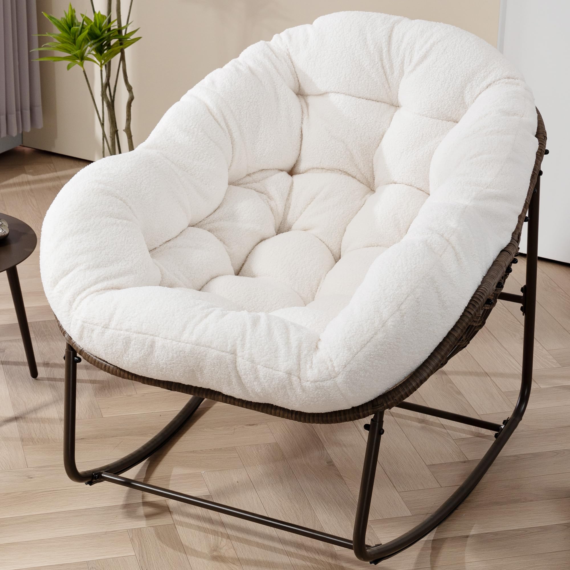 Oversized Papasan Rocking Chair - Outdoor Luxury Comfy Patio Chair, Indoor Egg Royal Rattan Rocking Chair with Strip Velvet Cushion for Front Porch Lounge Lawn Bedroom Living Room (Navy)