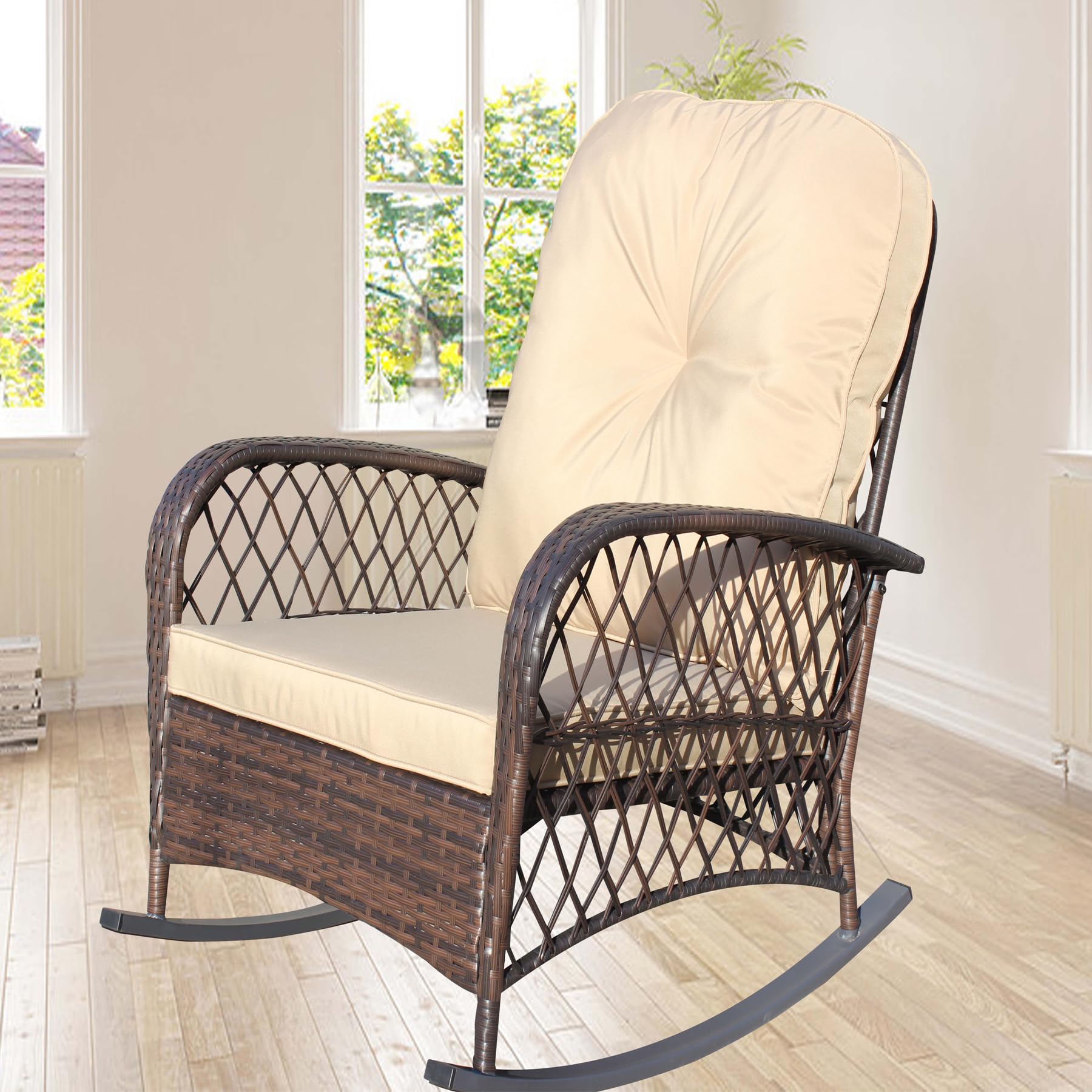 Wicker Rocking Chairs for Outdoors, Oversized Rattan Porch Rocker Chair with Padded Seat & Back Cushions,Patio Chairs Rocking Chairs for Balcony,Porch,Backyard,Deck (Brown+Cream)