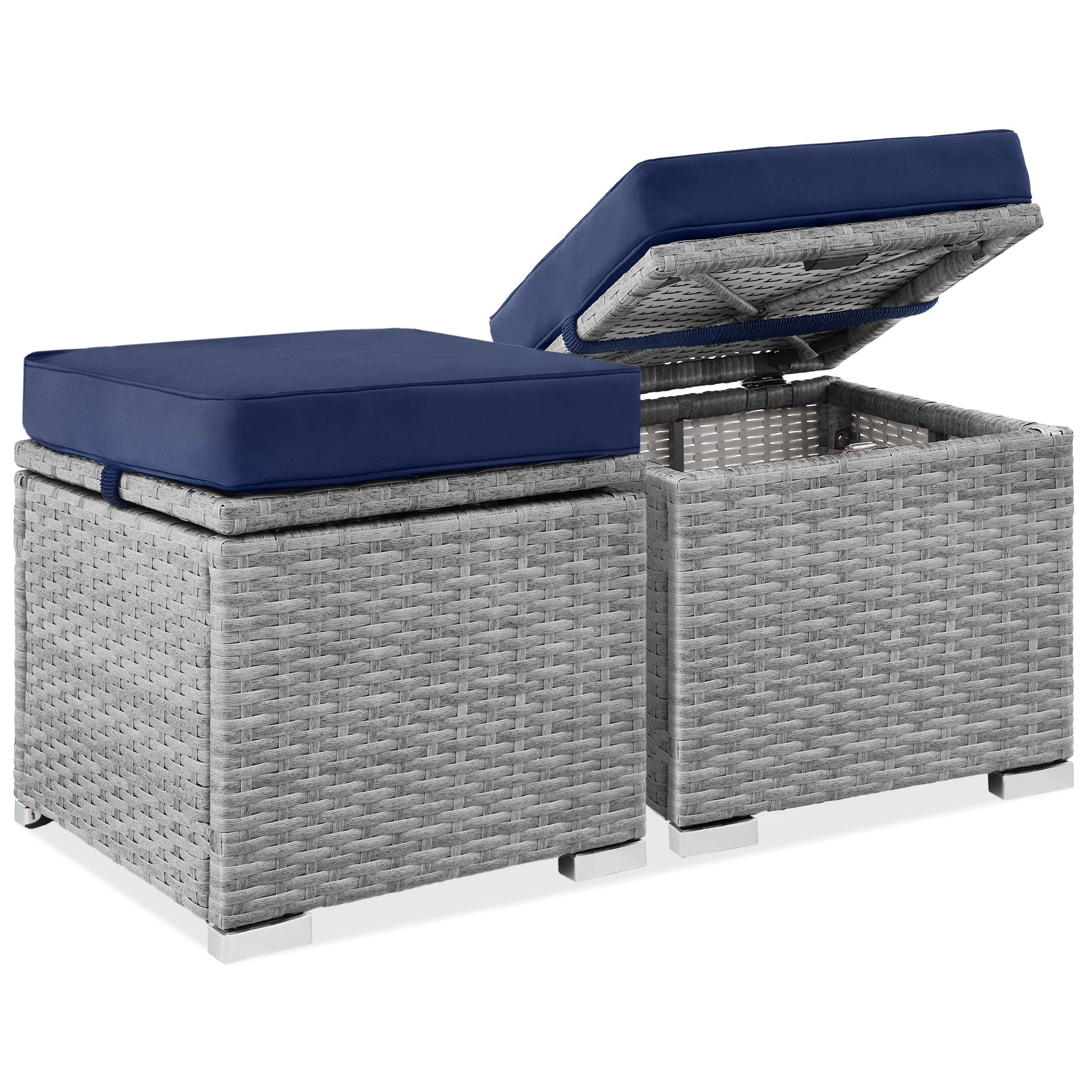 Best Choice Products Set of 2 Wicker Ottomans, Multipurpose Outdoor Furniture for Patio, Backyard, Additional Seating, Footrest, Side Table w/Storage, Removable Cushions - Gray/Black