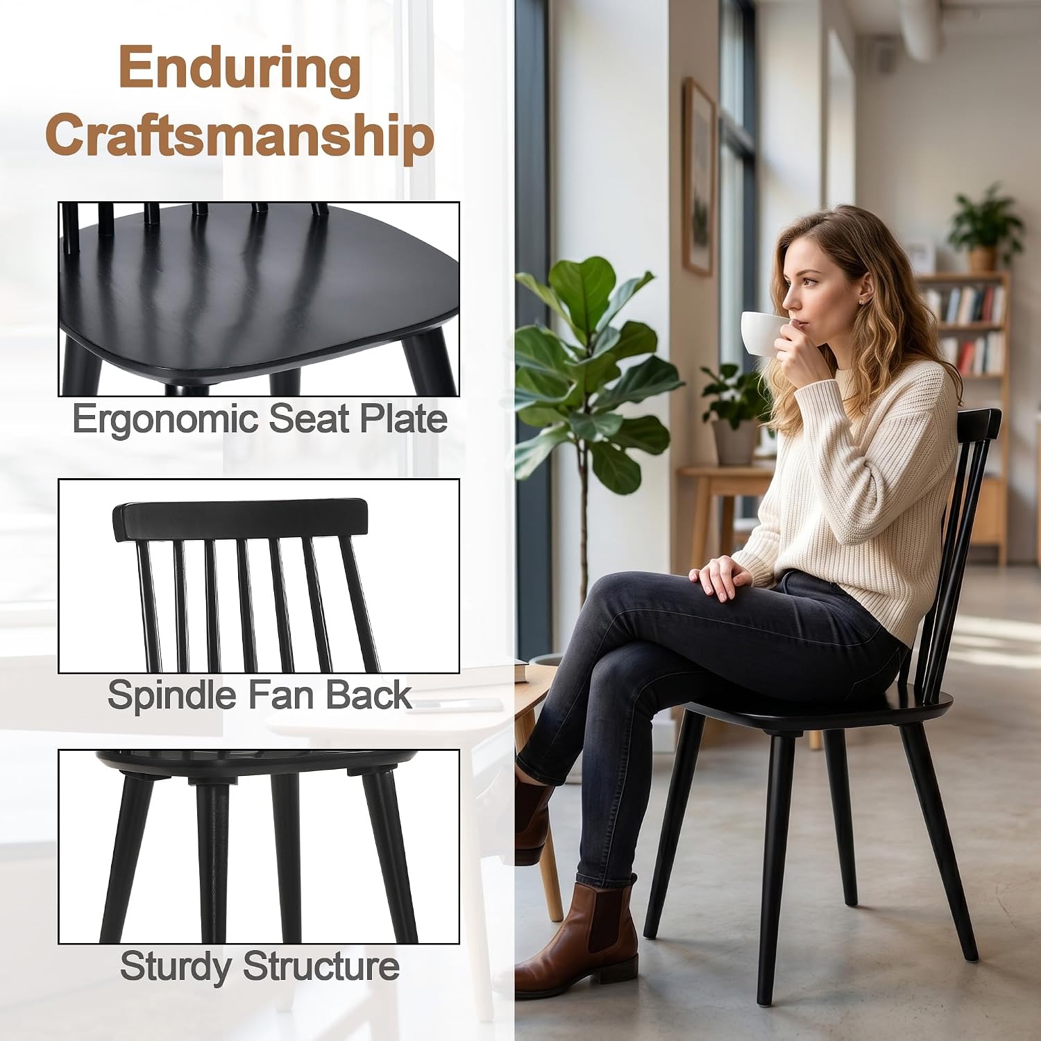 DUHOME Dining Chairs Set of 4 Wood Dining Room Chair Black Spindle Side Kitchen Room Country Farmhouse Chairs Black