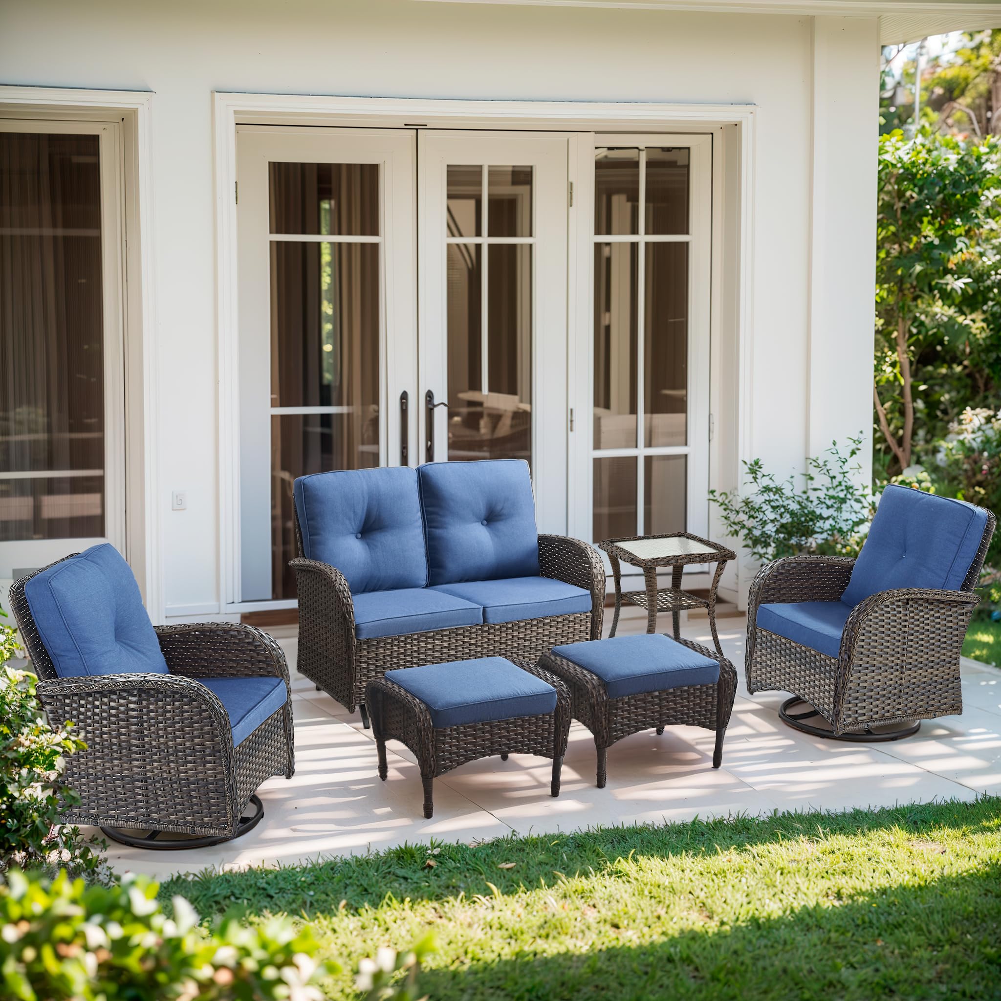 2 in 1 Porch Glider Swivel Chair - Wicker Patio Furniture Outdoor Swivel Rocker Chair with Thick Cushion, 300 Lb Weight Capacity Patio Swivel Glider Seating - Brown Wicker, Grey Cushion