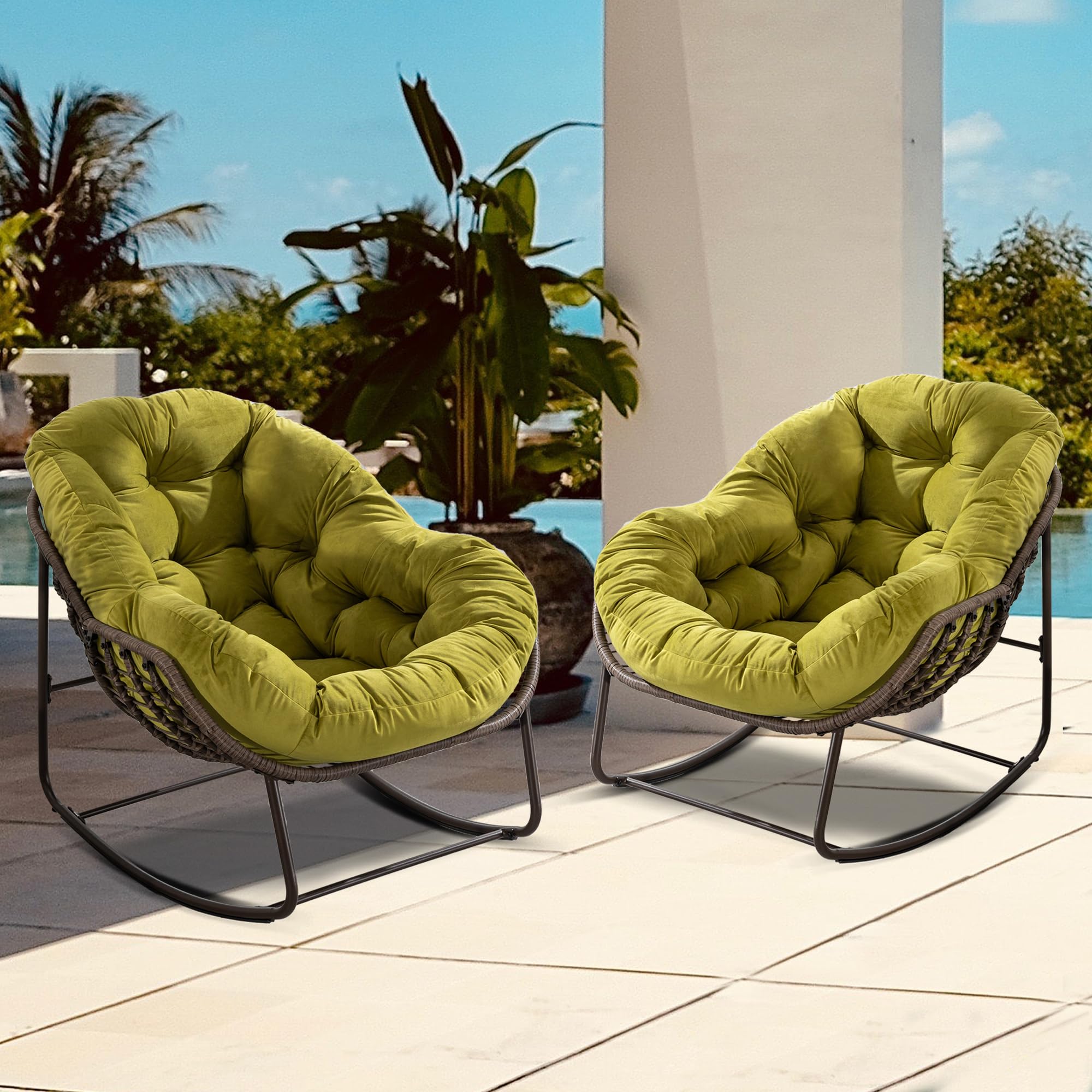 Oversized Papasan Rocking Chair - Outdoor Luxury Comfy Patio Chair, Indoor Egg Royal Rattan Rocking Chair with Strip Velvet Cushion for Front Porch Lounge Lawn Bedroom Living Room (Navy)