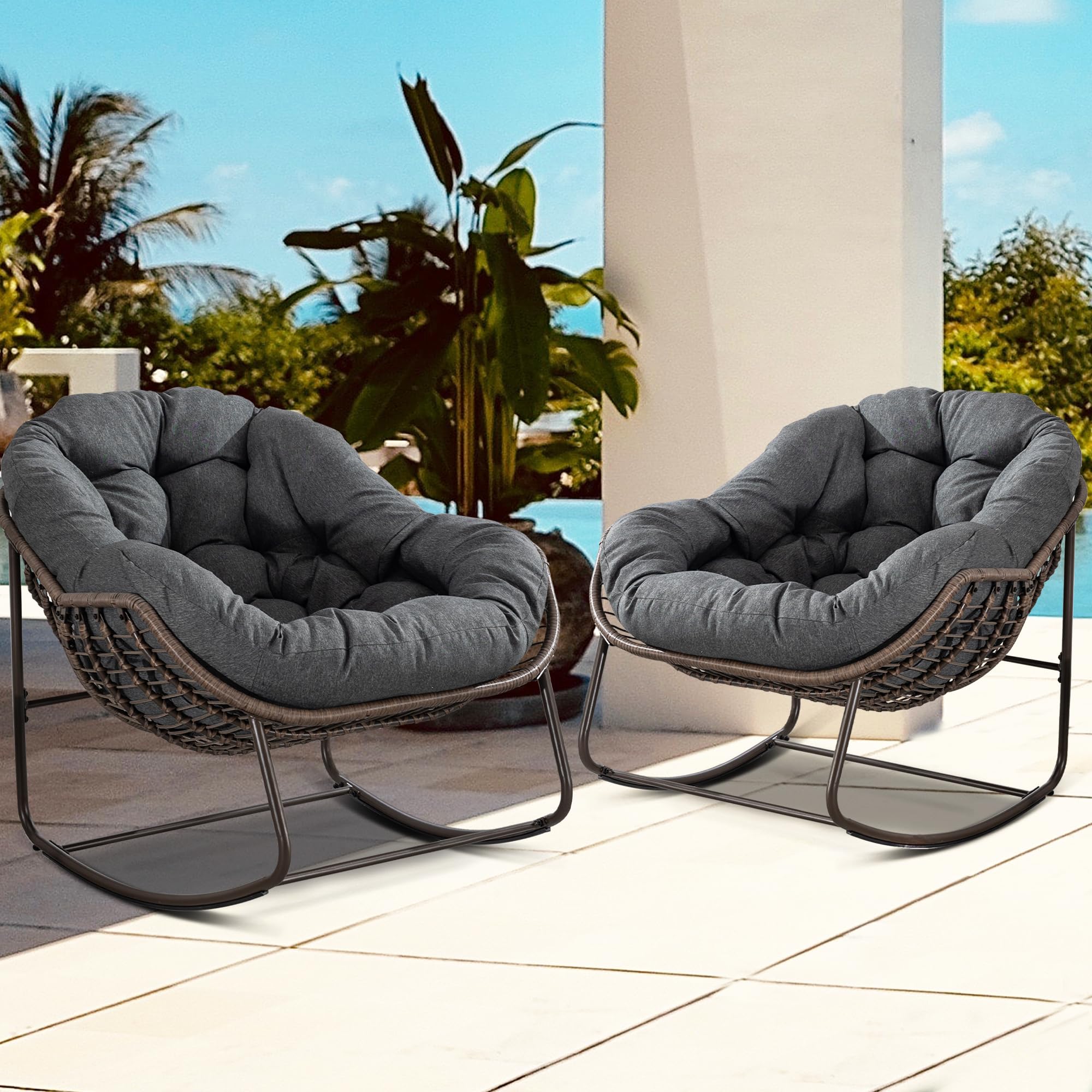 Oversized Papasan Rocking Chair - Outdoor Luxury Comfy Patio Chair, Indoor Egg Royal Rattan Rocking Chair with Strip Velvet Cushion for Front Porch Lounge Lawn Bedroom Living Room (Navy)