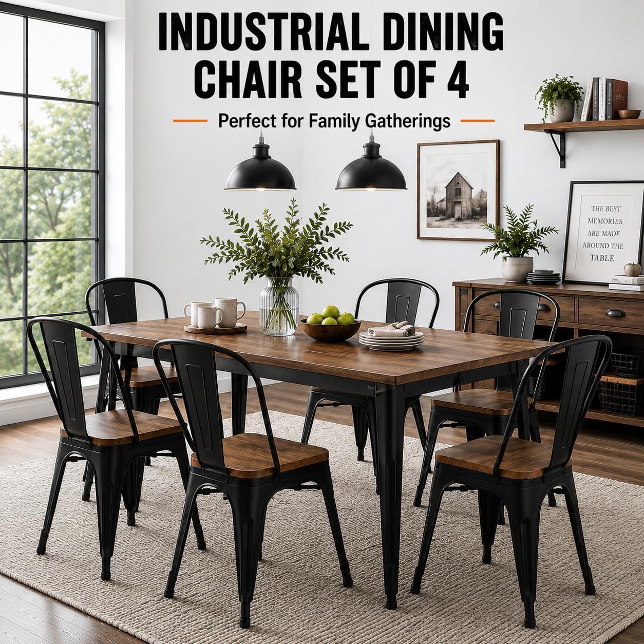 18 Inch Metal Dining Chairs,Arlunar Farmhouse Chairs Set of 4 Black Dining Room Chairs Stackable with Back and Wooden Seat bar stools