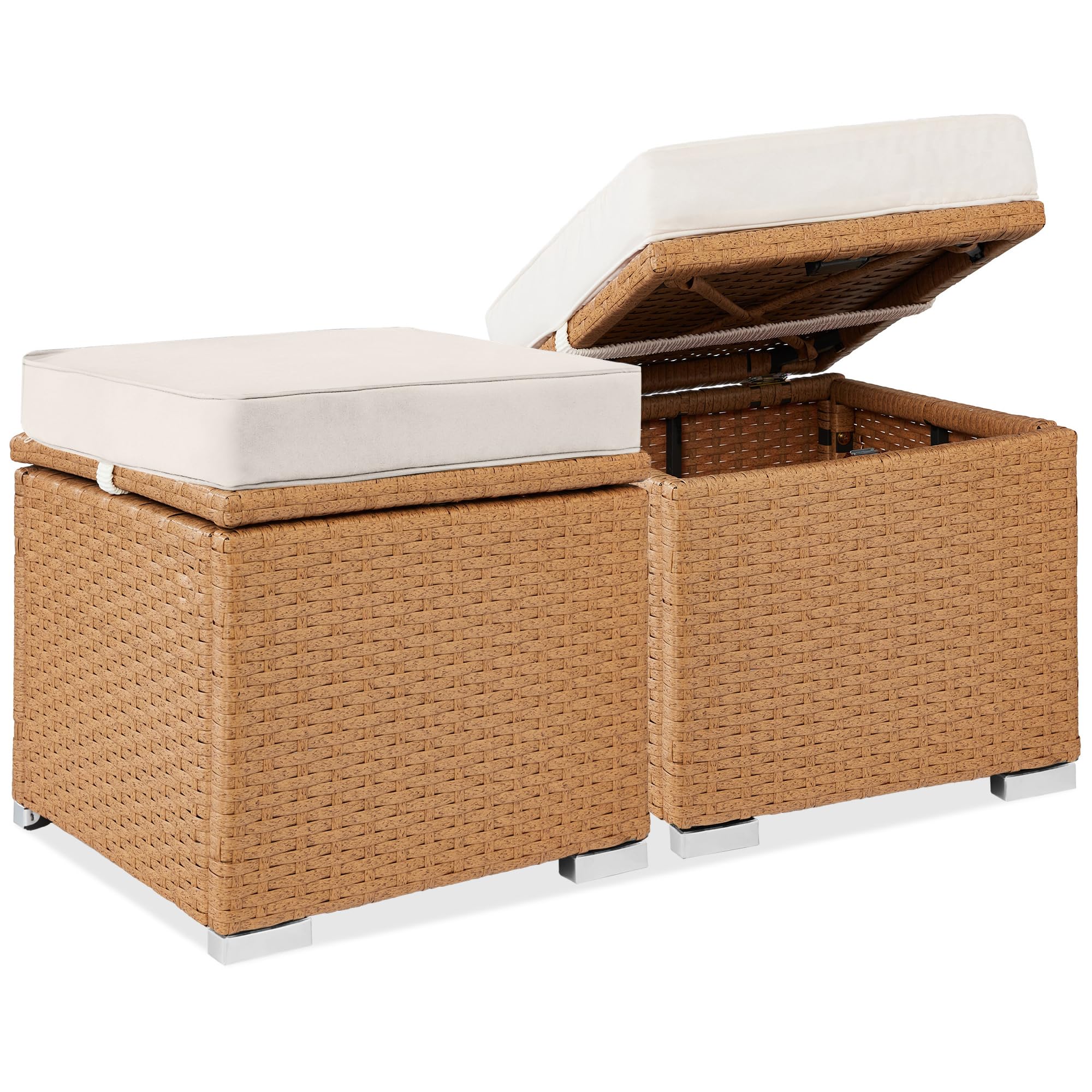 Best Choice Products Set of 2 Wicker Ottomans, Multipurpose Outdoor Furniture for Patio, Backyard, Additional Seating, Footrest, Side Table w/Storage, Removable Cushions - Gray/Black