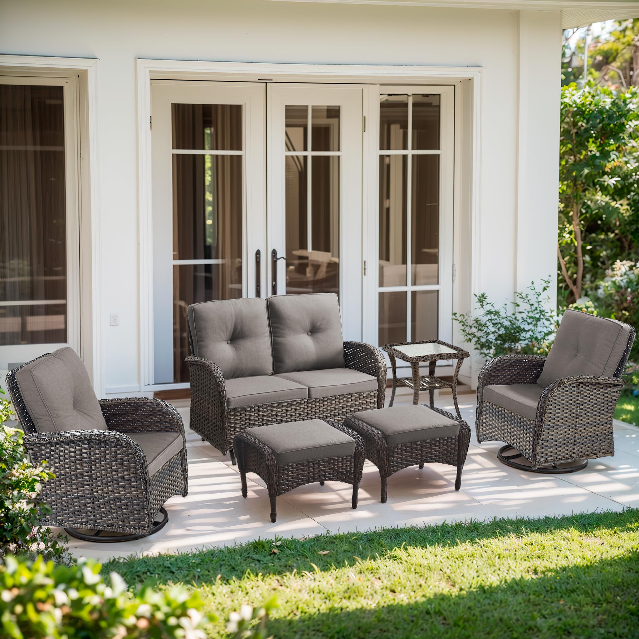 2 in 1 Porch Glider Swivel Chair - Wicker Patio Furniture Outdoor Swivel Rocker Chair with Thick Cushion, 300 Lb Weight Capacity Patio Swivel Glider Seating - Brown Wicker, Grey Cushion