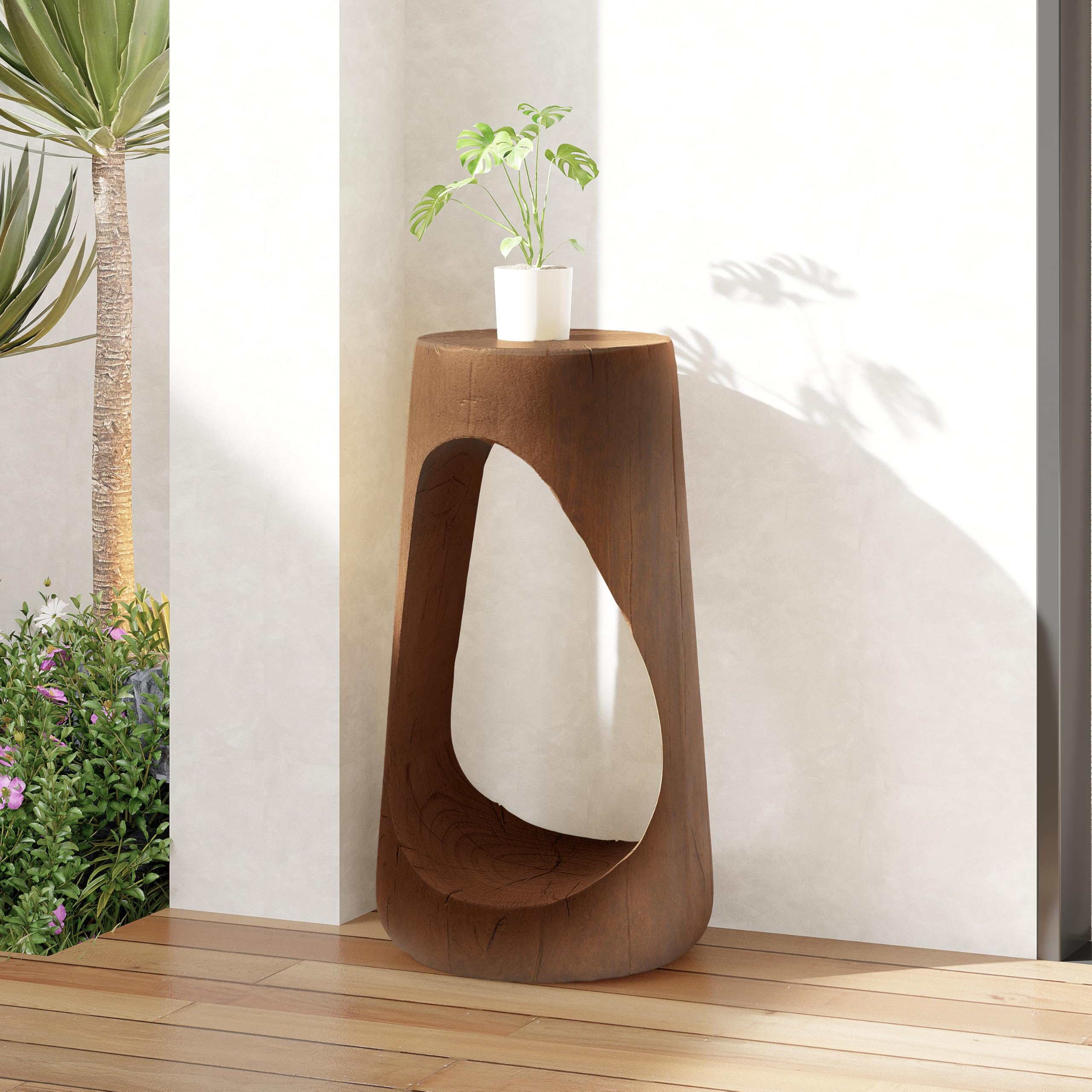 Christopher Knight Home Novi 26.57"H Lightweight Concrete Outdoor Side Table, Hollow Round-shaped Patio End Table, MGO Outdoor Coffee Table, Garden Plant Stand Indoor, Wood-Like Texture, Antique Brown