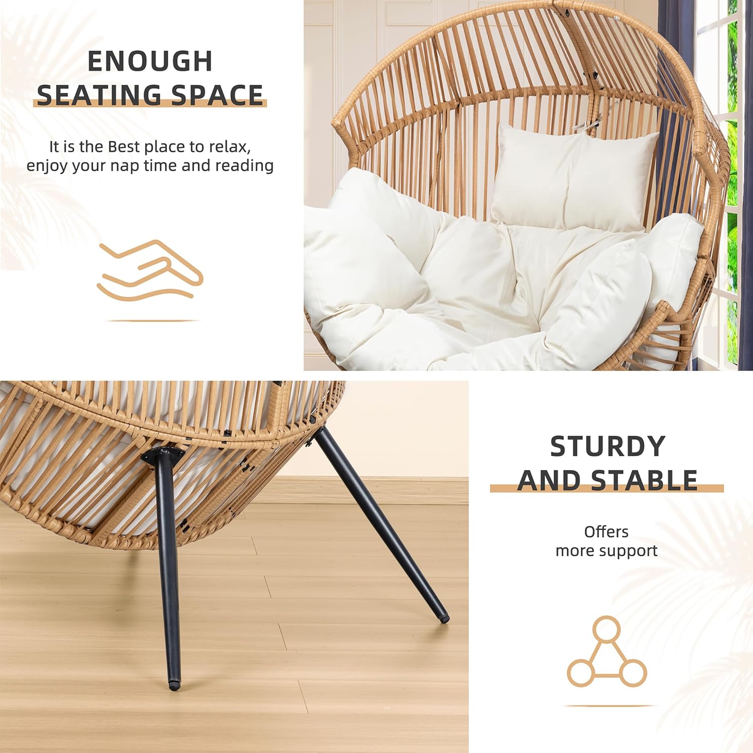 Vongrasig Outdoor Wicker Egg Chair PE Rattan Chair with Cushion, Oversized Patio Lounge Chair for Outdoor, Indoor, Balcony, Backyard, Garden, Beige