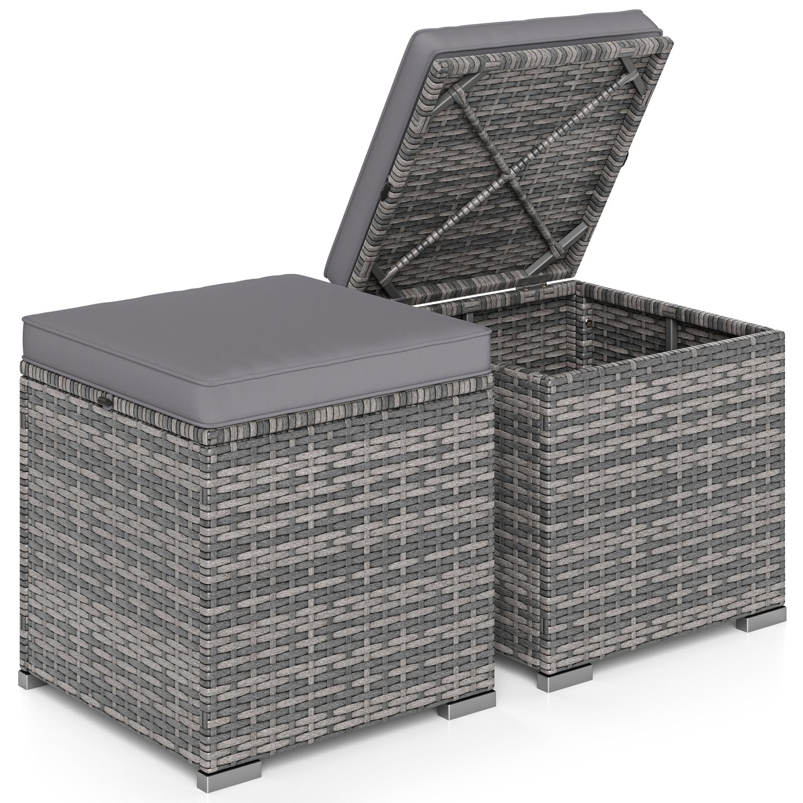 RELAX4LIFE Wicker Outdoor Storage Ottoman, 2-Piece Rattan Footstool w/Removable Cushion, Multipurpose Footrest Stool Side Table Additional Seating, Set of 2 Outdoor Ottomans for Patio Deck (Beige)