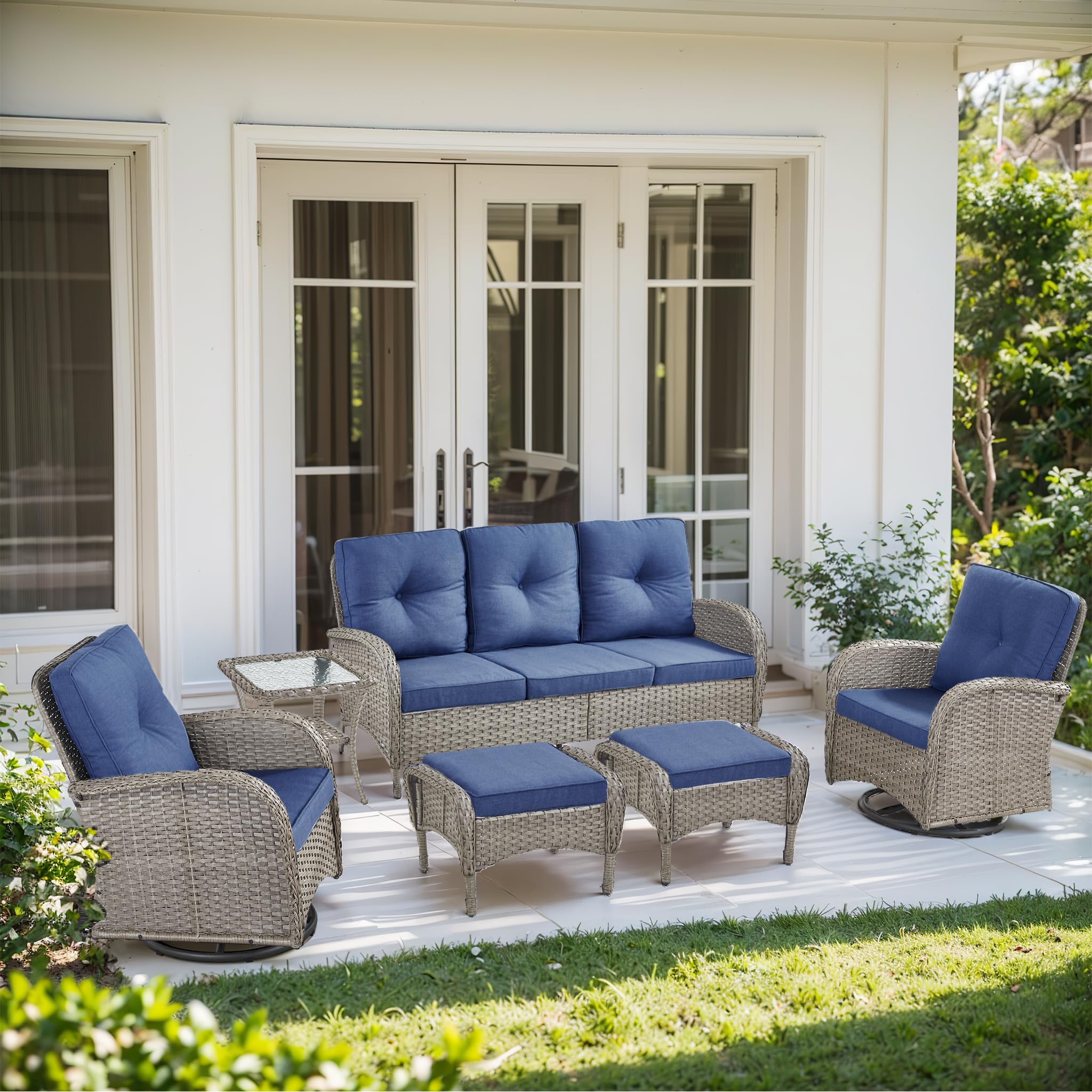 2 in 1 Porch Glider Swivel Chair - Wicker Patio Furniture Outdoor Swivel Rocker Chair with Thick Cushion, 300 Lb Weight Capacity Patio Swivel Glider Seating - Brown Wicker, Grey Cushion