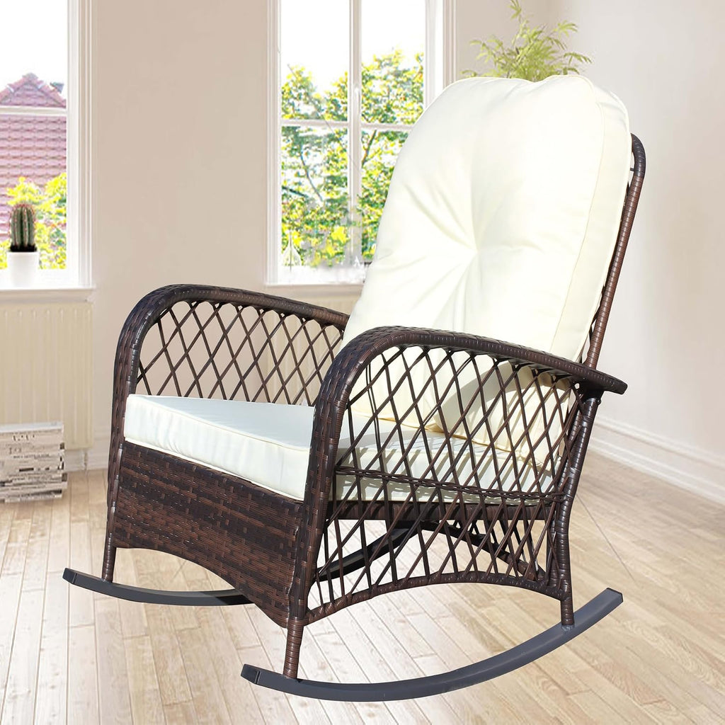 Wicker Rocking Chairs for Outdoors, Oversized Rattan Porch Rocker Chair with Padded Seat & Back Cushions,Patio Chairs Rocking Chairs for Balcony,Porch,Backyard,Deck (Brown+Cream)