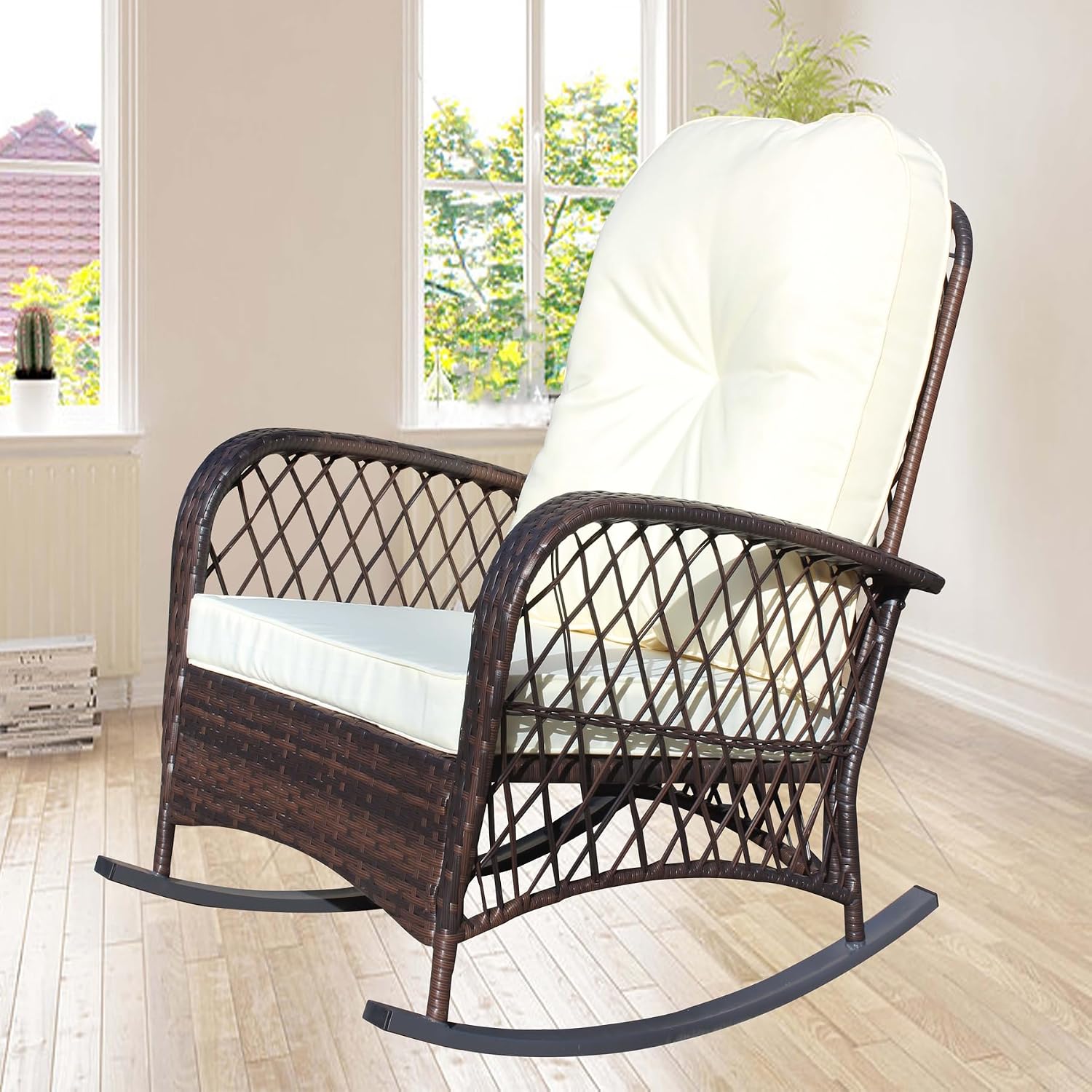 Wicker Rocking Chairs for Outdoors, Oversized Rattan Porch Rocker Chair with Padded Seat & Back Cushions,Patio Chairs Rocking Chairs for Balcony,Porch,Backyard,Deck (Brown+Cream)