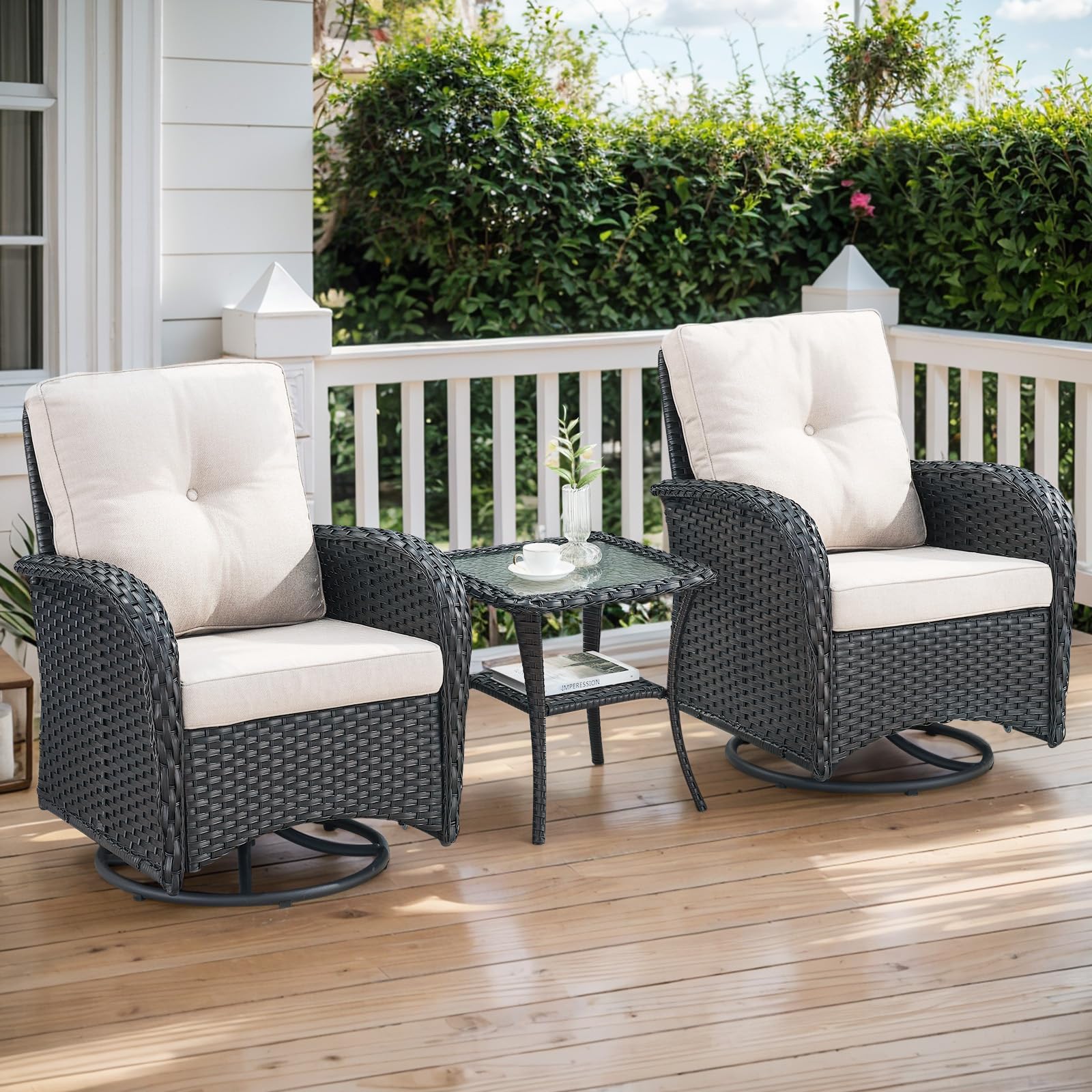 2 in 1 Porch Glider Swivel Chair - Wicker Patio Furniture Outdoor Swivel Rocker Chair with Thick Cushion, 300 Lb Weight Capacity Patio Swivel Glider Seating - Brown Wicker, Grey Cushion