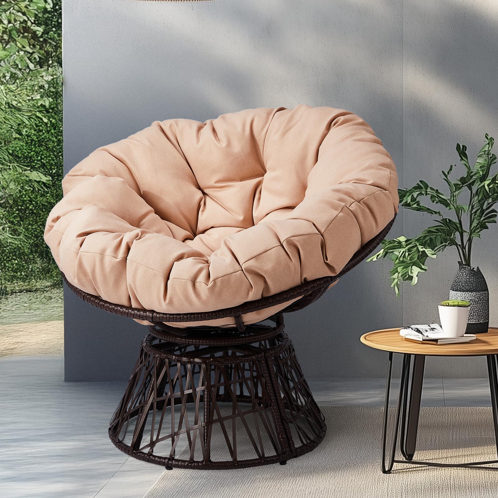 VINGLI Outdoor Papasan Chairs with Thick Cushions 360 Degree Swivel Chair, Patio Chairs Lounge Chair Rading Chair for Balcony, Yard, Porch (Black)