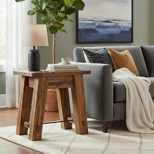 Alaterre Furniture Durango 27-Inch Solid Wood Side Table – Heavy-Duty Industrial End Table with 100 lb Capacity for Living Room, Bedroom, or Home Office (Natural Grain Lacquer Finish)