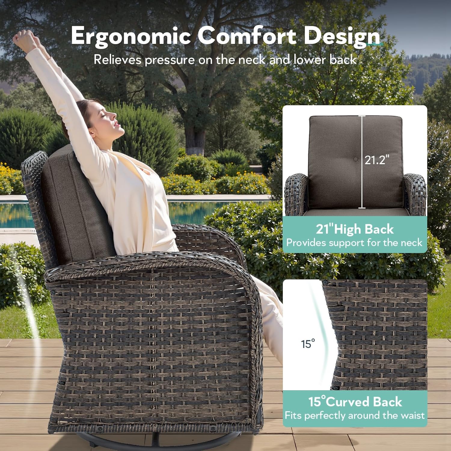 2 in 1 Porch Glider Swivel Chair - Wicker Patio Furniture Outdoor Swivel Rocker Chair with Thick Cushion, 300 Lb Weight Capacity Patio Swivel Glider Seating - Brown Wicker, Grey Cushion