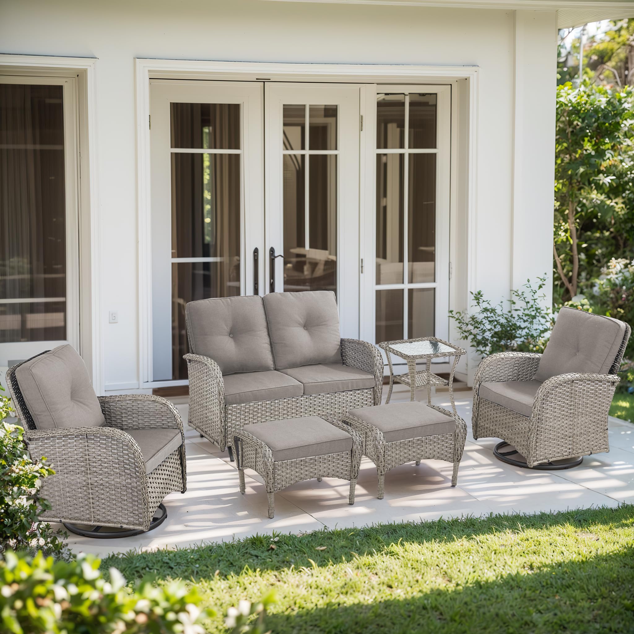 2 in 1 Porch Glider Swivel Chair - Wicker Patio Furniture Outdoor Swivel Rocker Chair with Thick Cushion, 300 Lb Weight Capacity Patio Swivel Glider Seating - Brown Wicker, Grey Cushion