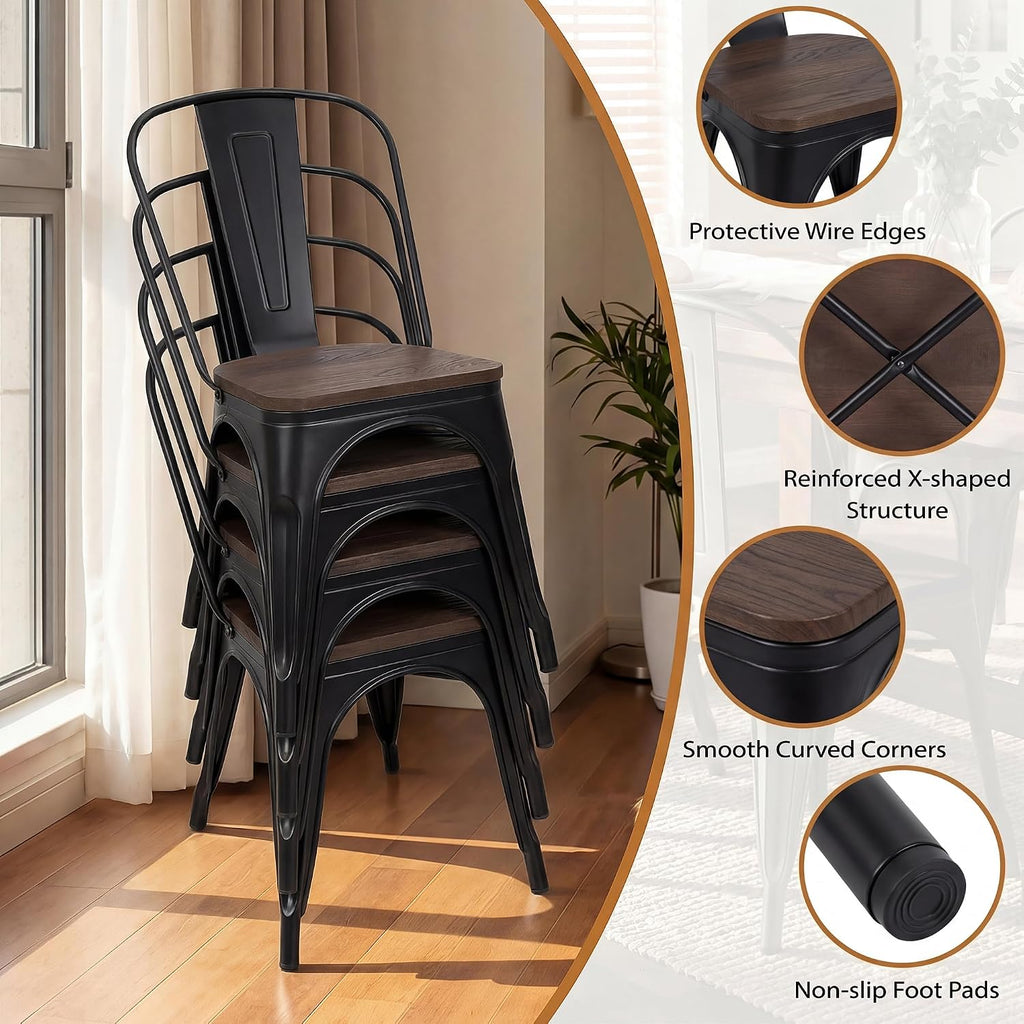 JUMMICO Metal Dining Chair Stackable Industrial Vintage Kitchen Chairs Indoor-Outdoor Bistro Cafe Side Chairs with Back and Wooden Seat Set of 4 (Black)