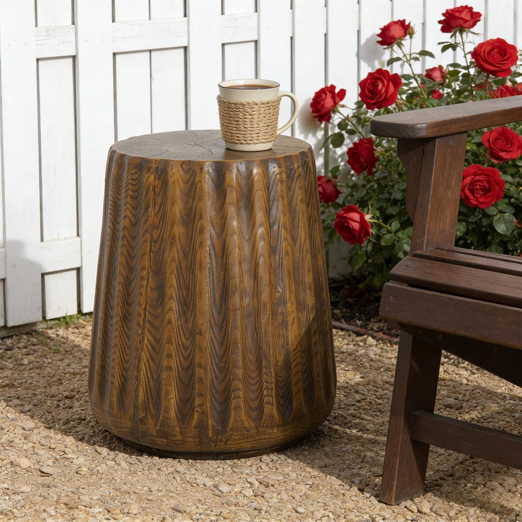 Merax MGO Tree Stump Side Table, Rustic Wood Grain End Table for Outdoor & Indoor, Durable Patio & Living Room Accent Table, Brown Wood Grain Finish