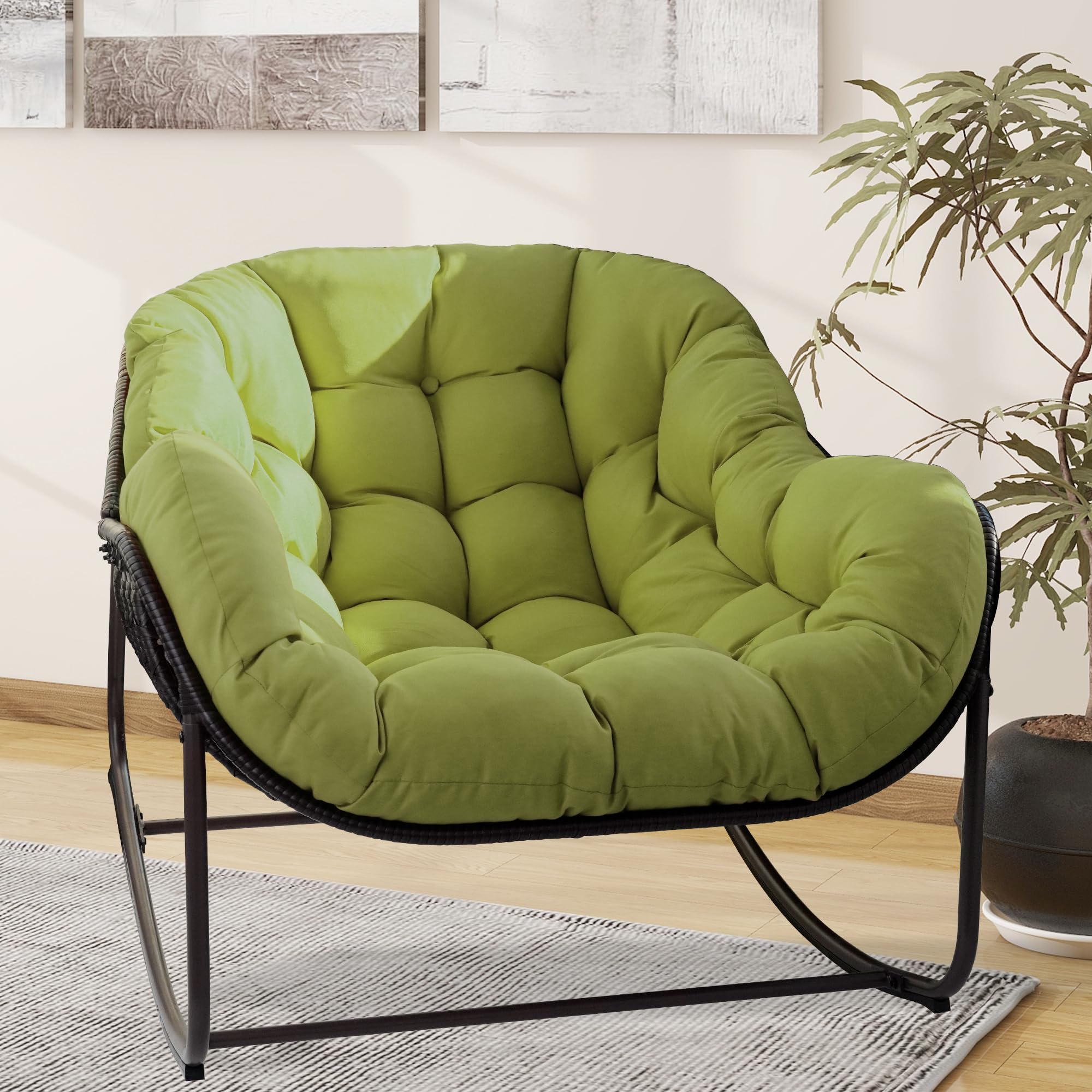Patio Rocking Chair, Oversized Papasan Rocking Chair with Cushion and Frame for Indoor& Outdoor, Deep Seat Egg-Shaped Rocker Chair for Garden, Deck, Living Room, Grey