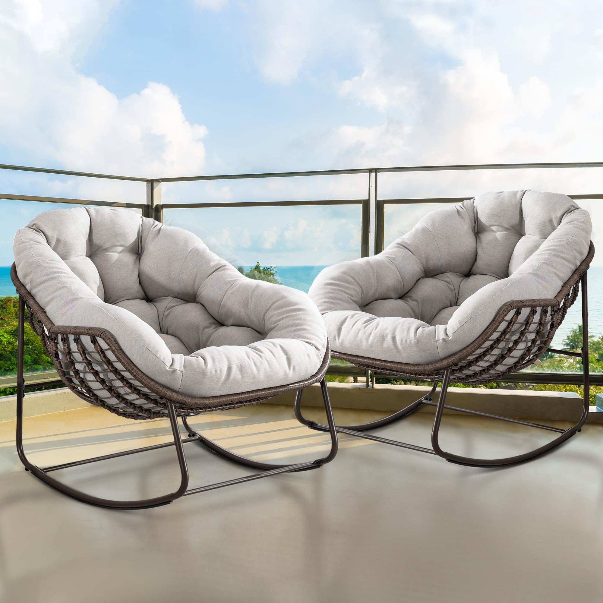 Oversized Papasan Rocking Chair - Outdoor Luxury Comfy Patio Chair, Indoor Egg Royal Rattan Rocking Chair with Strip Velvet Cushion for Front Porch Lounge Lawn Bedroom Living Room (Navy)