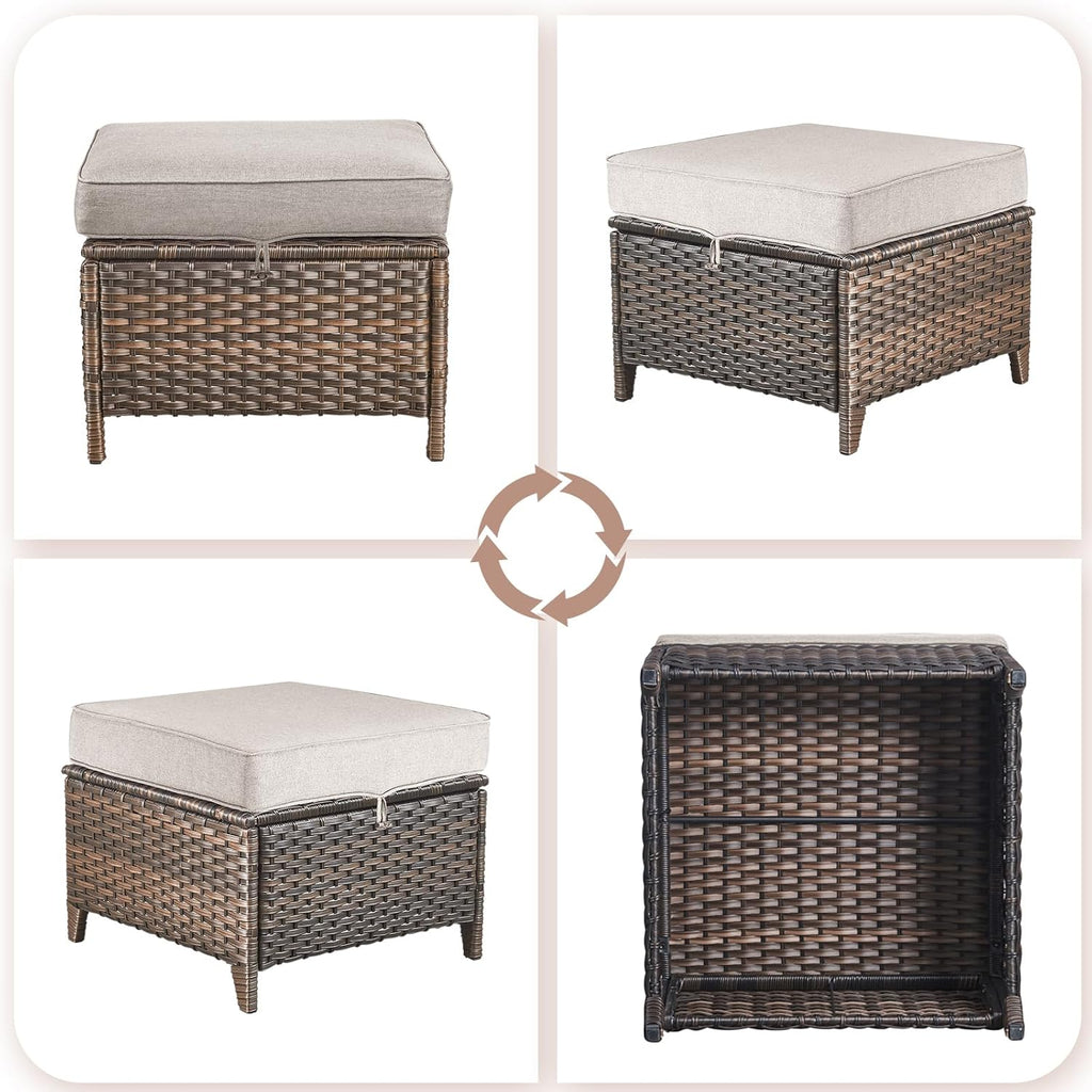 Patio Ottoman Outdoor Wicker Side Table - 2PCS Multipurpose Heavy Duty All-Weather Brown Rattan Extra Seating Bench Footrest Footstool for Garden Back Porch Poolside Apartment - Beige