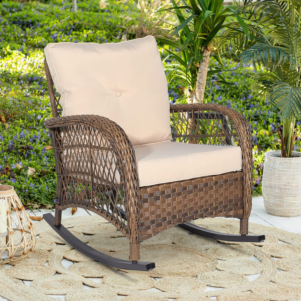 Outdoor Wicker Oversized Rocking Chair, All Weather- Resistant Patio Rocking Chair for Garden Lawn, Patio Wicker Furniture Seat with 4” Thick Cushion, Orange