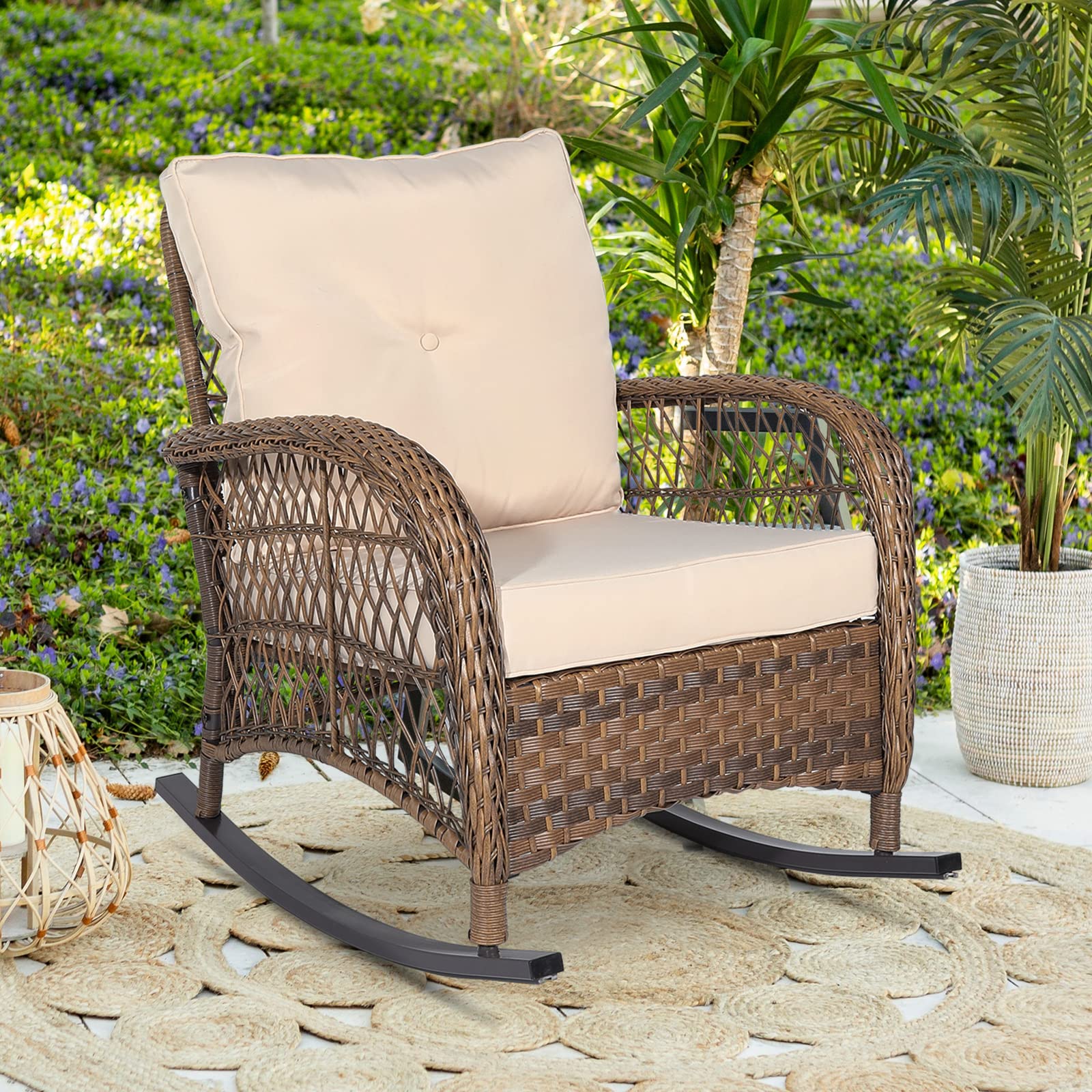 Outdoor Wicker Oversized Rocking Chair, All Weather- Resistant Patio Rocking Chair for Garden Lawn, Patio Wicker Furniture Seat with 4” Thick Cushion, Orange