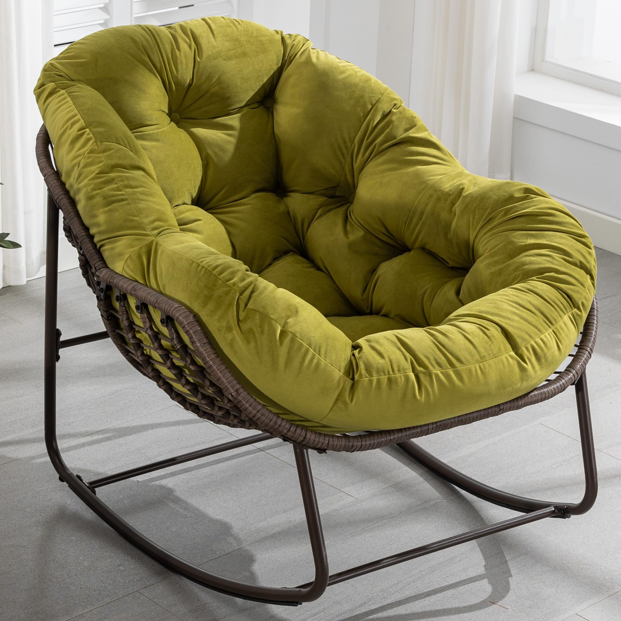 Oversized Papasan Rocking Chair - Outdoor Luxury Comfy Patio Chair, Indoor Egg Royal Rattan Rocking Chair with Strip Velvet Cushion for Front Porch Lounge Lawn Bedroom Living Room (Navy)