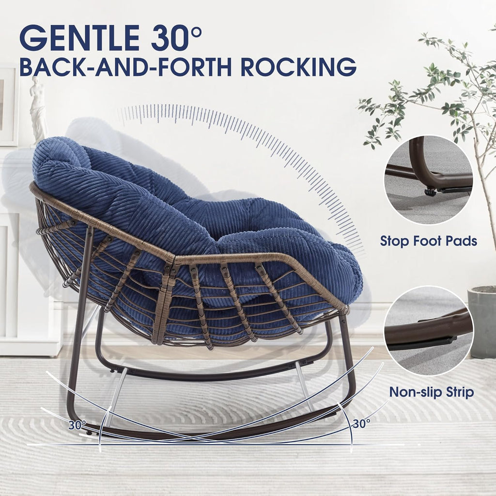 Oversized Papasan Rocking Chair - Outdoor Luxury Comfy Patio Chair, Indoor Egg Royal Rattan Rocking Chair with Strip Velvet Cushion for Front Porch Lounge Lawn Bedroom Living Room (Navy)