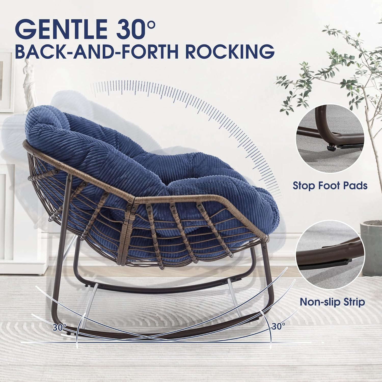 Oversized Papasan Rocking Chair - Outdoor Luxury Comfy Patio Chair, Indoor Egg Royal Rattan Rocking Chair with Strip Velvet Cushion for Front Porch Lounge Lawn Bedroom Living Room (Navy)