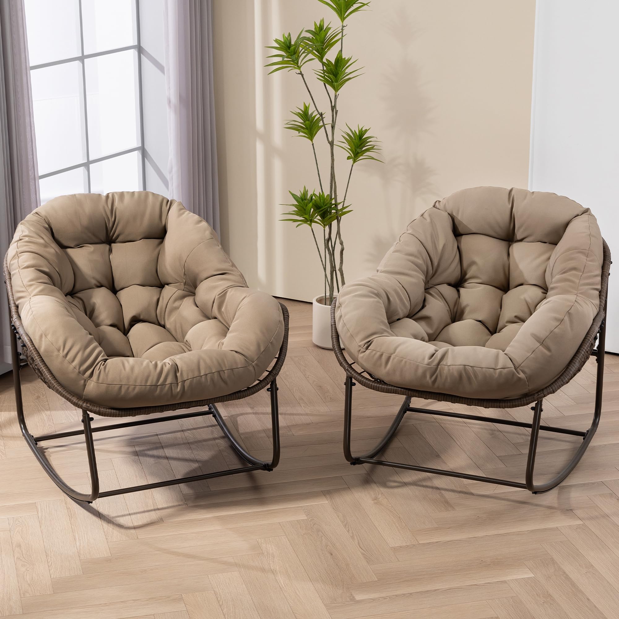 Oversized Papasan Rocking Chair - Outdoor Luxury Comfy Patio Chair, Indoor Egg Royal Rattan Rocking Chair with Strip Velvet Cushion for Front Porch Lounge Lawn Bedroom Living Room (Navy)