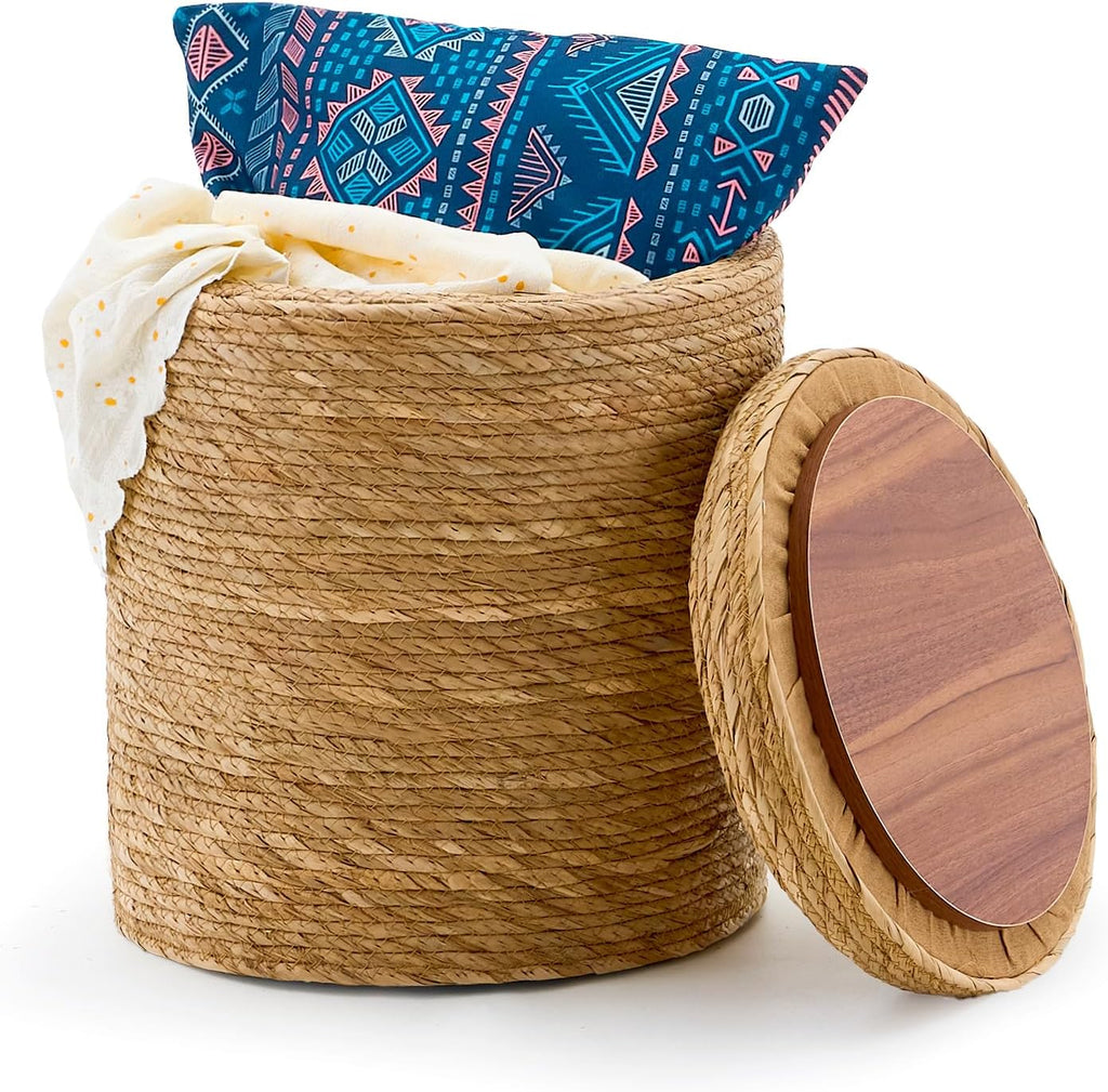 Wimarsbon Storage Pouf Ottoman, Hand Weaving Natural Straw Foot Stool, Bohemian Round Patio Ottomans, Rustic Lounge Pouffe, Outdoor Extra Seat for Garden (14inch Natural Cattail L)