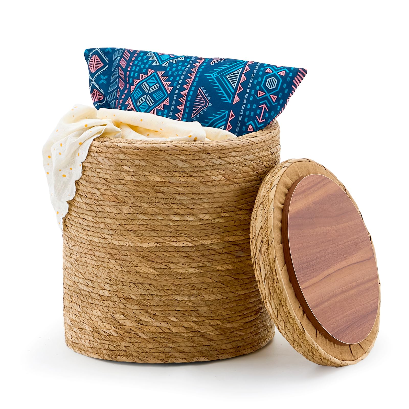 Wimarsbon Storage Pouf Ottoman, Hand Weaving Natural Straw Foot Stool, Bohemian Round Patio Ottomans, Rustic Lounge Pouffe, Outdoor Extra Seat for Garden (14inch Natural Cattail L)