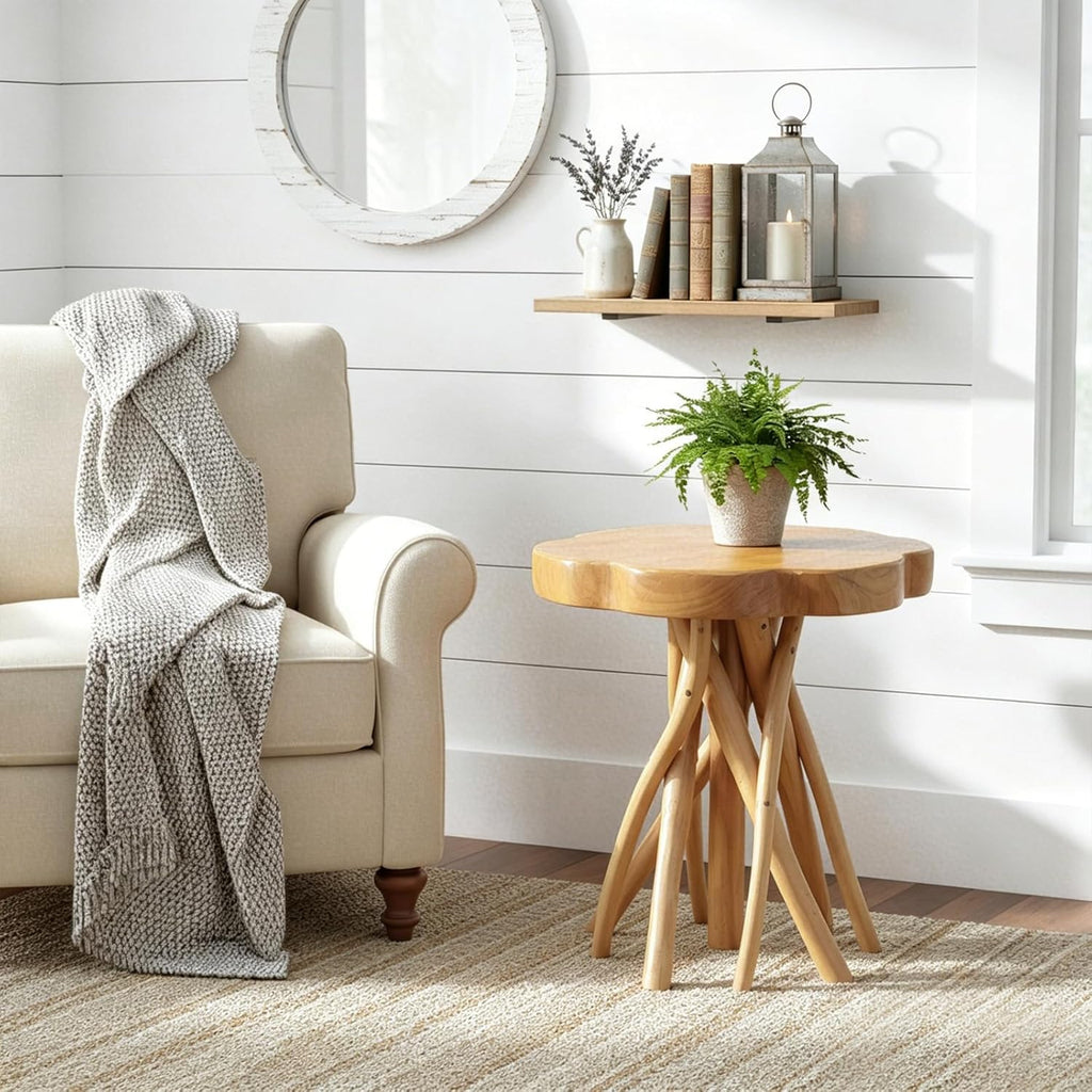 WELLAND Solid Teak Live Edge End Table, 18" L x 18" W x 20" H Unique Side Table, Small Accent Table, Plant Stand for Living Room, Bedroom, Home Office