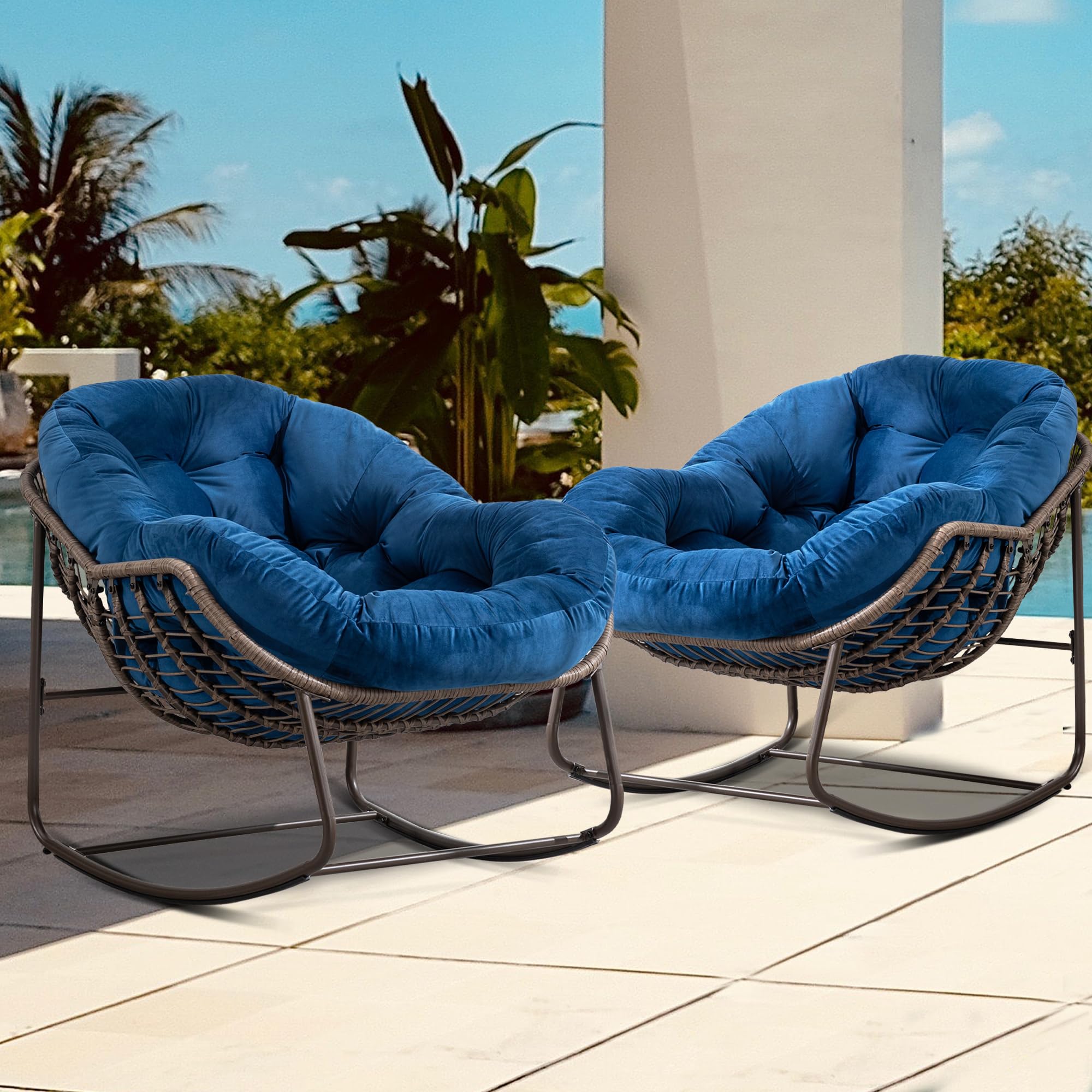 Oversized Papasan Rocking Chair - Outdoor Luxury Comfy Patio Chair, Indoor Egg Royal Rattan Rocking Chair with Strip Velvet Cushion for Front Porch Lounge Lawn Bedroom Living Room (Navy)