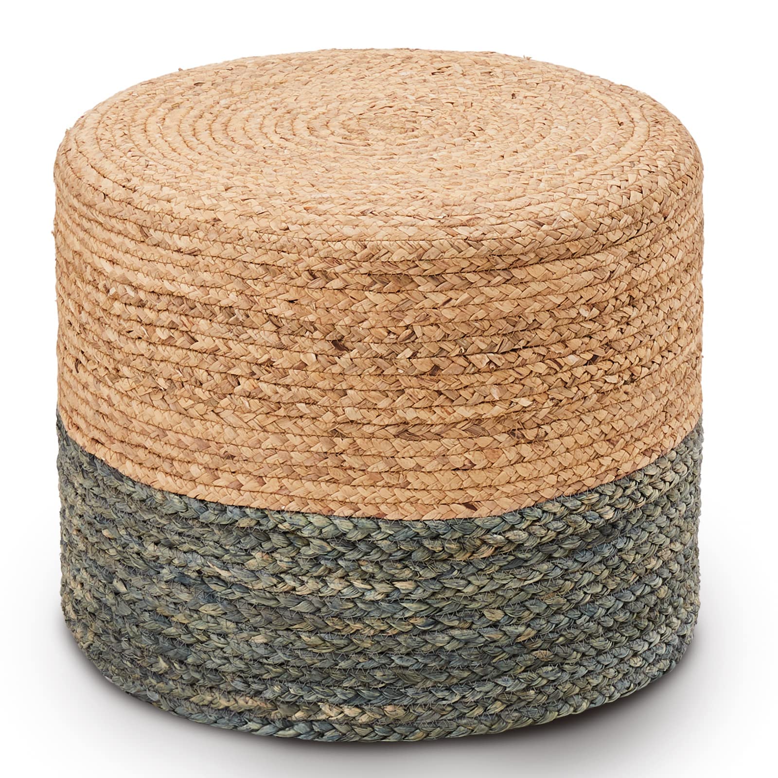 Wimarsbon Natural Seagrass Foot Stool, Hand Weaving Round Ottoman, for Living Room, Outdoor Seat (Natural & Blue)