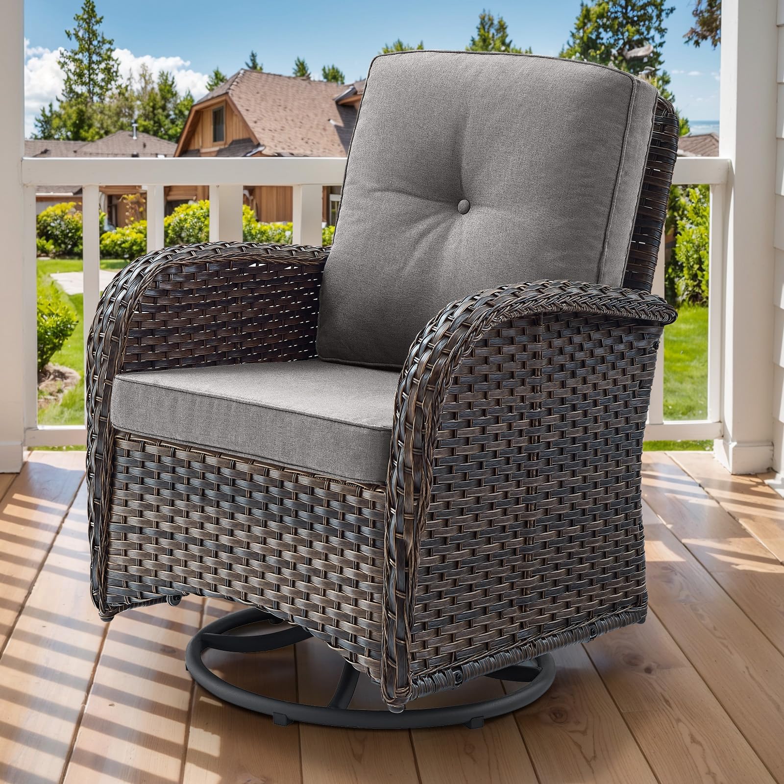 2 in 1 Porch Glider Swivel Chair - Wicker Patio Furniture Outdoor Swivel Rocker Chair with Thick Cushion, 300 Lb Weight Capacity Patio Swivel Glider Seating - Brown Wicker, Grey Cushion