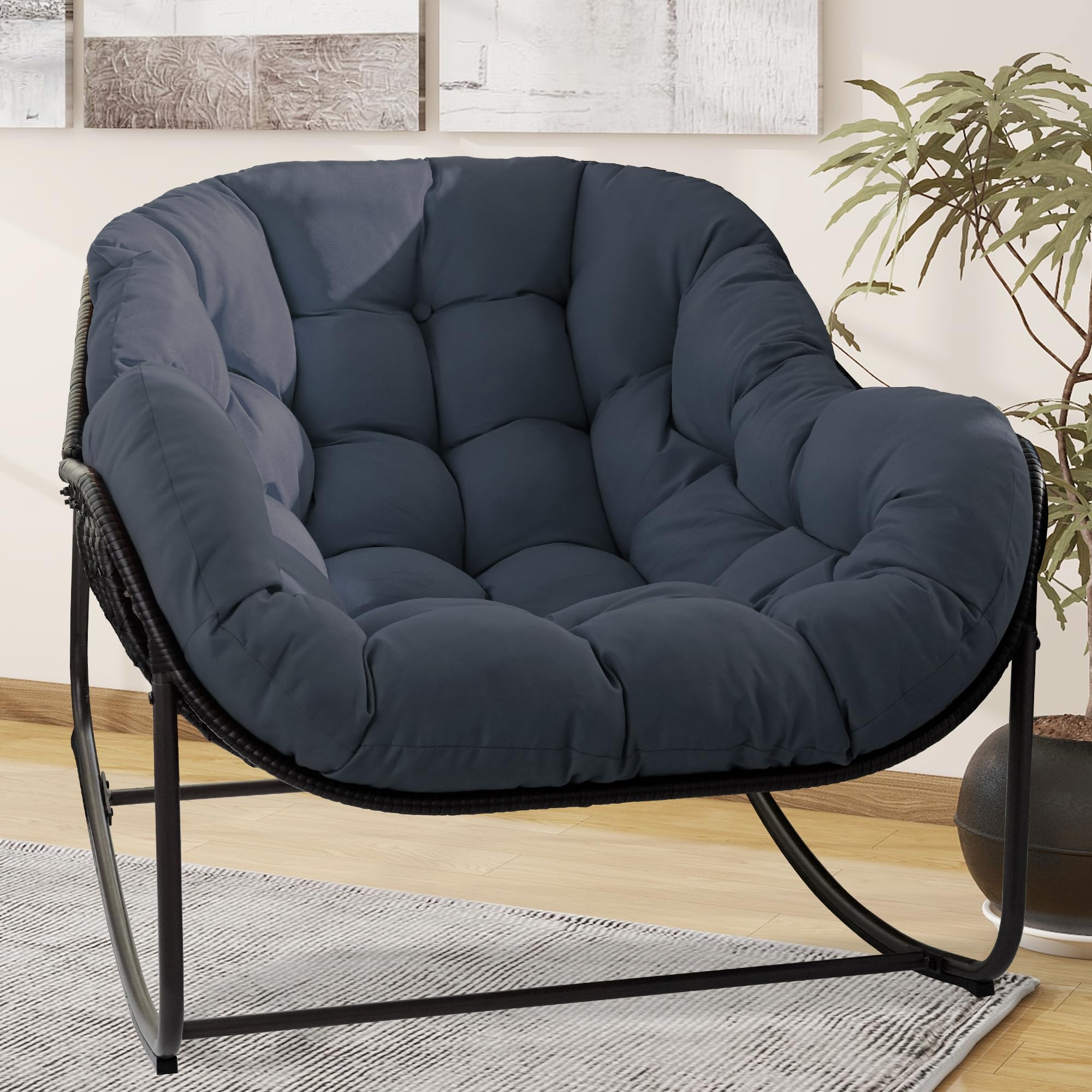Patio Rocking Chair, Oversized Papasan Rocking Chair with Cushion and Frame for Indoor& Outdoor, Deep Seat Egg-Shaped Rocker Chair for Garden, Deck, Living Room, Grey