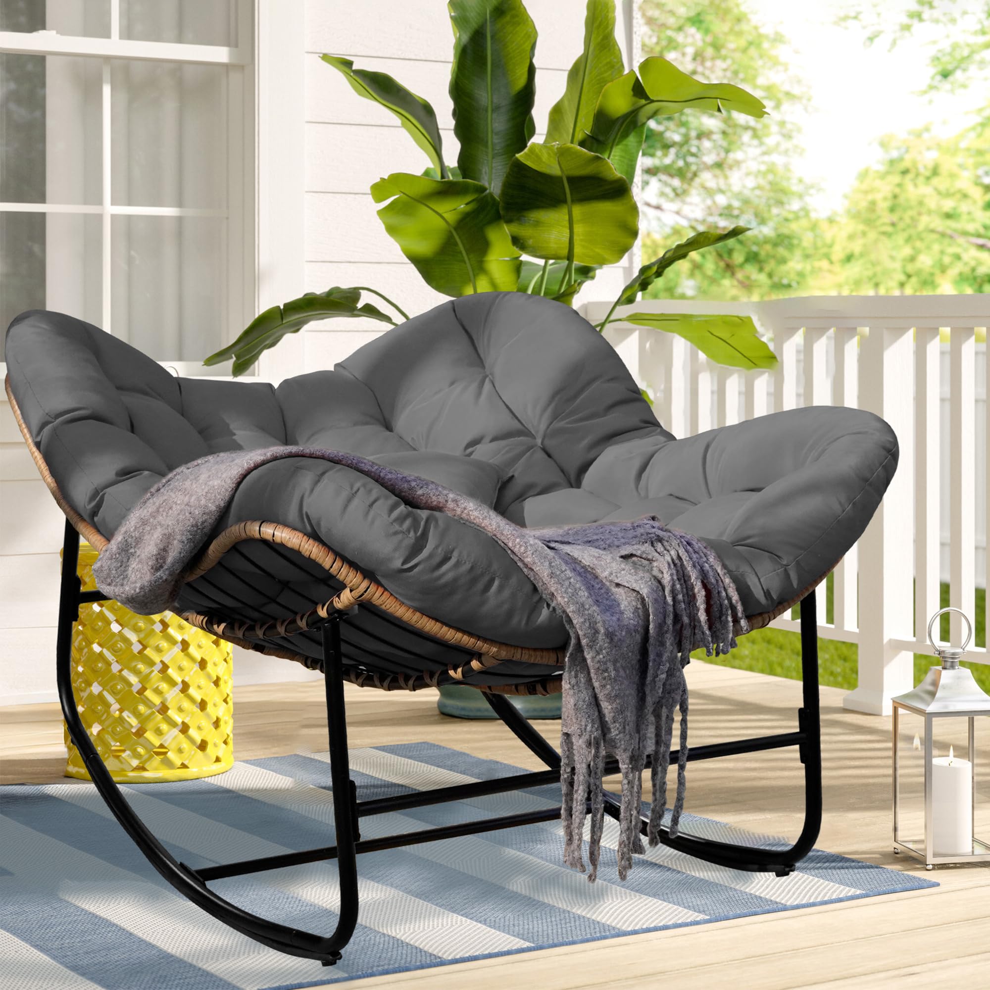 Patio Rocking Chair, Oversized Papasan Rocking Chair with Cushion and Frame for Indoor& Outdoor, Deep Seat Egg-Shaped Rocker Chair for Garden, Deck, Living Room, Grey