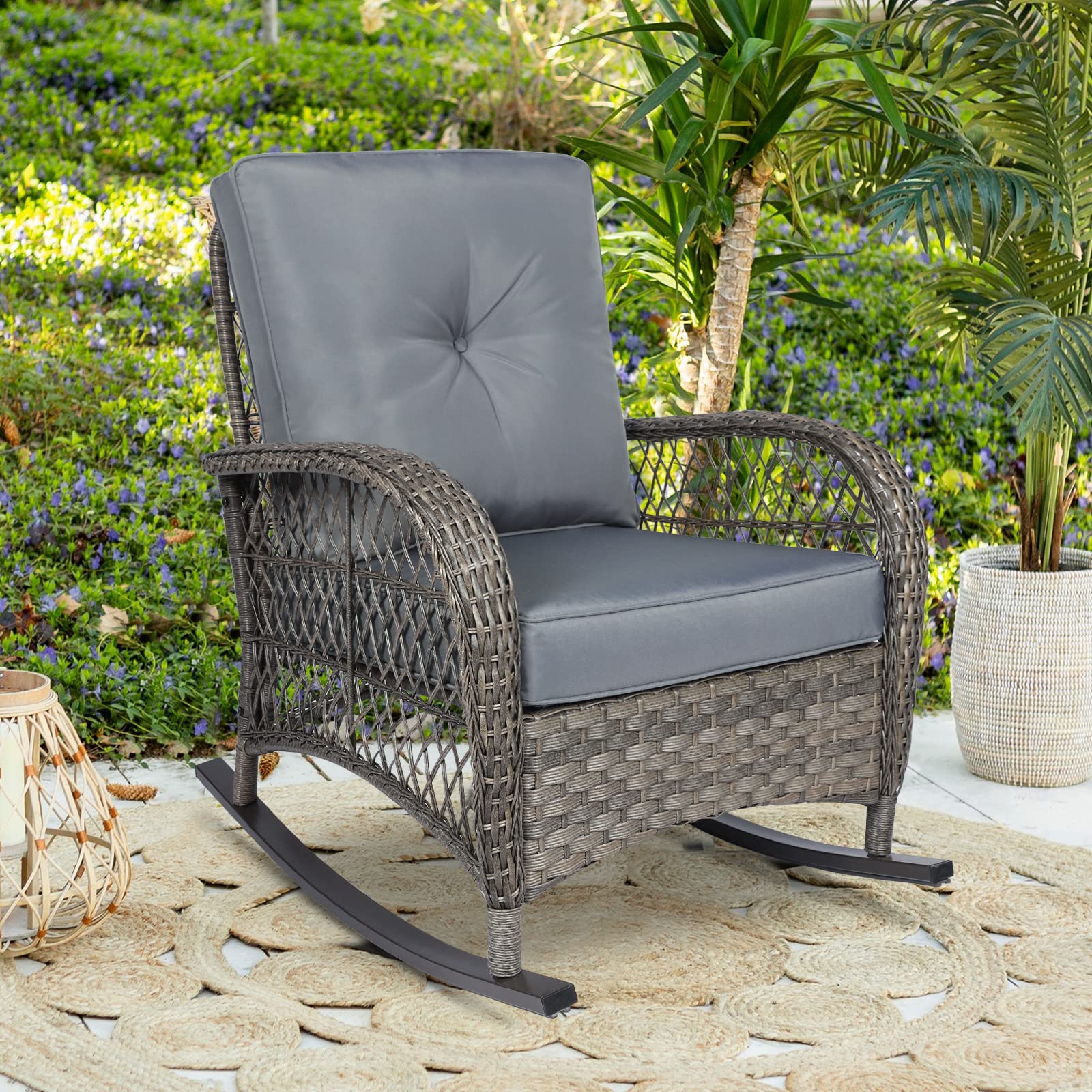 Outdoor Wicker Oversized Rocking Chair, All Weather- Resistant Patio Rocking Chair for Garden Lawn, Patio Wicker Furniture Seat with 4” Thick Cushion, Orange