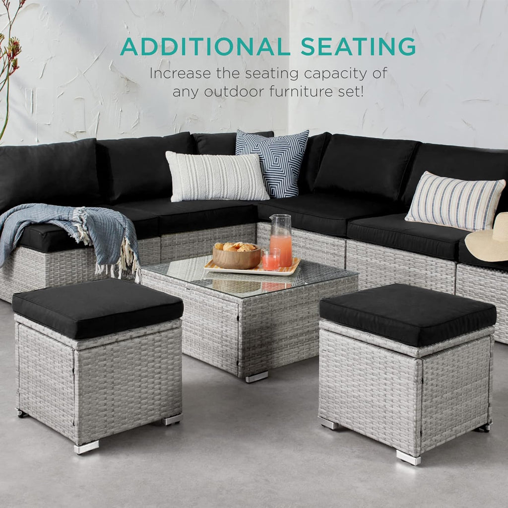 Best Choice Products Set of 2 Wicker Ottomans, Multipurpose Outdoor Furniture for Patio, Backyard, Additional Seating, Footrest, Side Table w/Storage, Removable Cushions - Gray/Black