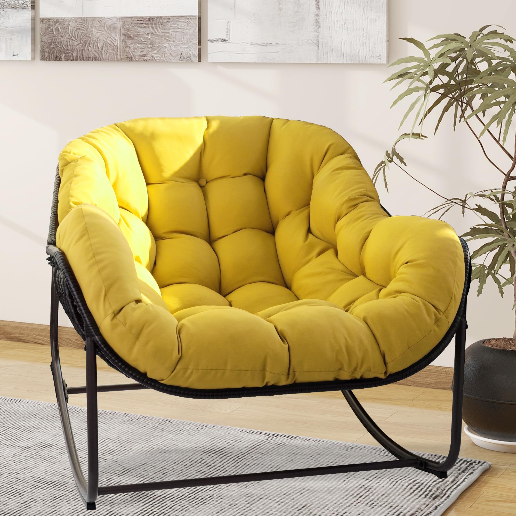 Patio Rocking Chair, Oversized Papasan Rocking Chair with Cushion and Frame for Indoor& Outdoor, Deep Seat Egg-Shaped Rocker Chair for Garden, Deck, Living Room, Grey