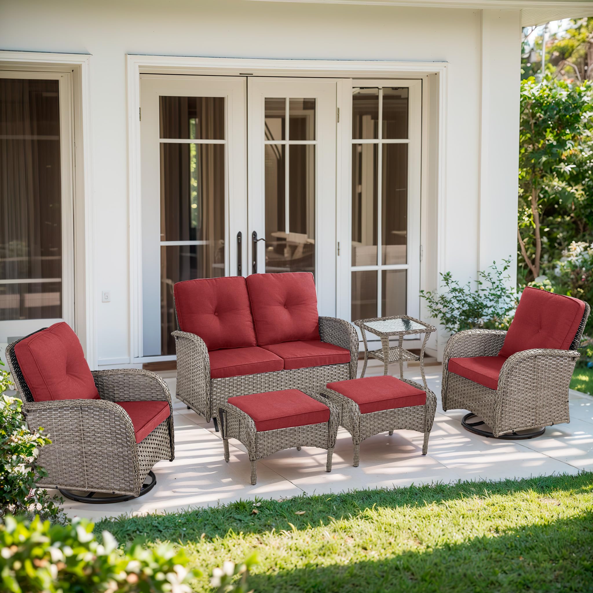2 in 1 Porch Glider Swivel Chair - Wicker Patio Furniture Outdoor Swivel Rocker Chair with Thick Cushion, 300 Lb Weight Capacity Patio Swivel Glider Seating - Brown Wicker, Grey Cushion