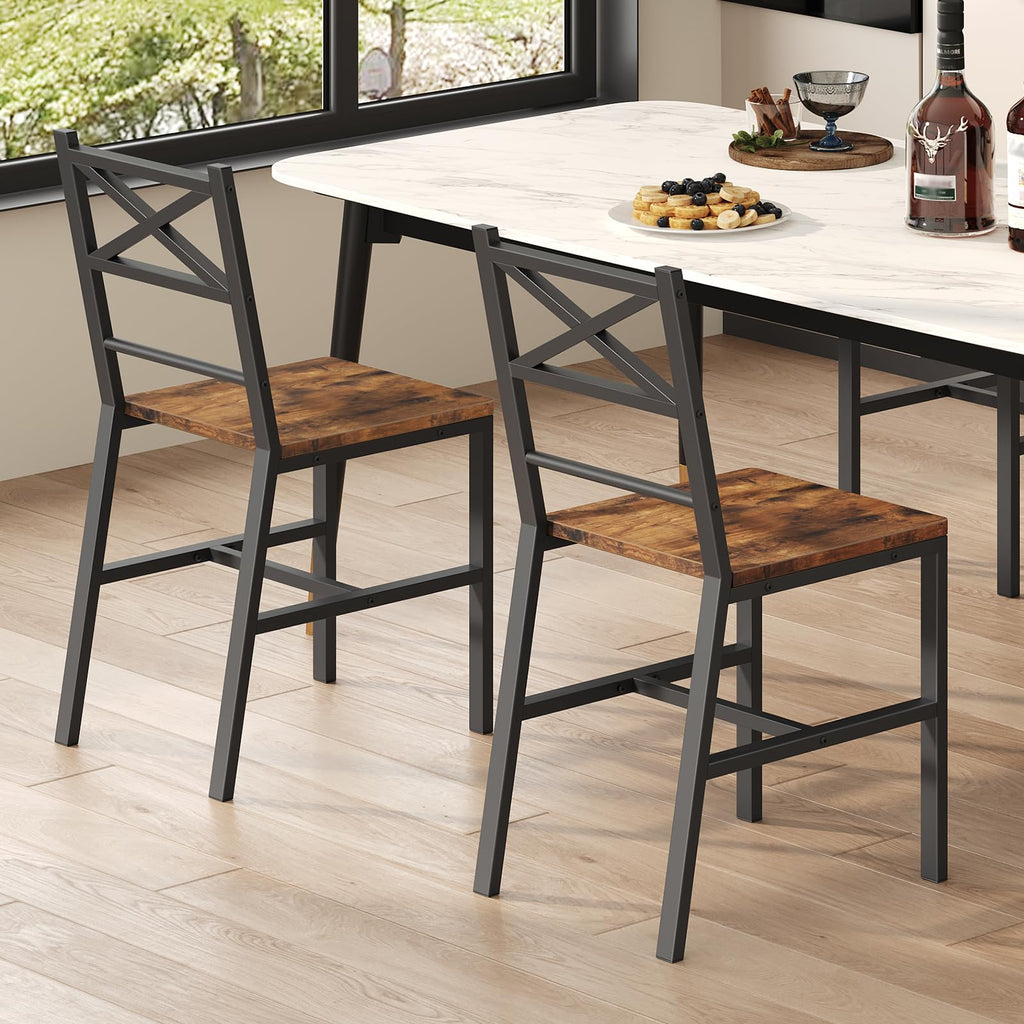 MAHANCRIS Dining Chair Set of 4, Rustic Wooden Kitchen Chairs with Backrest, Farmhouse Dining Chairs for Kitchen, Industrial Style Chair with Metal Frame, Easy Assembly, Rustic Brown TBHR1001S4