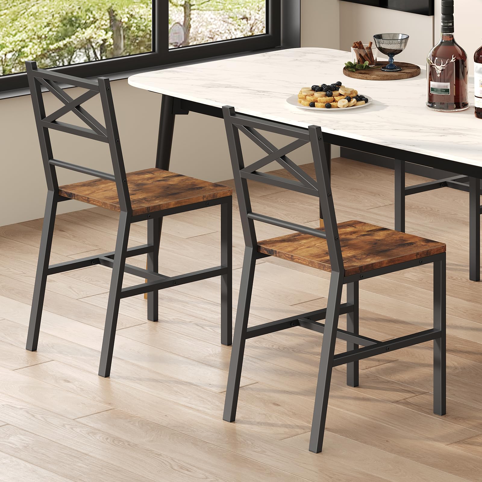 MAHANCRIS Dining Chair Set of 4, Rustic Wooden Kitchen Chairs with Backrest, Farmhouse Dining Chairs for Kitchen, Industrial Style Chair with Metal Frame, Easy Assembly, Rustic Brown TBHR1001S4