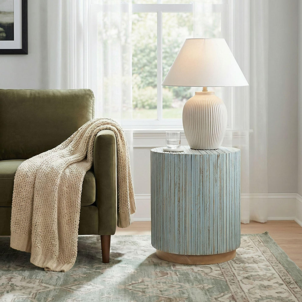 East at Main Monroe Natural Brown Teak End Table – Round Accent Table for Living Room, Bedroom, or Entryway – Solid Wood Handmade Nightstand for Coastal, Boho, and Modern Farmhouse Décor