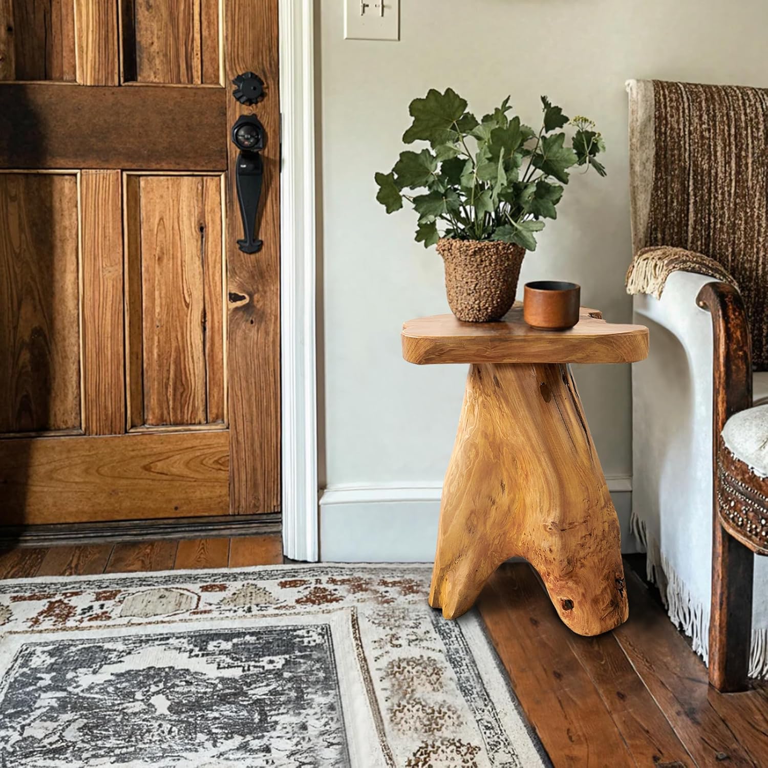 Rustic Live Edge Cedar Root Stump End Table Solid Wood Plant Stand for Home Garden