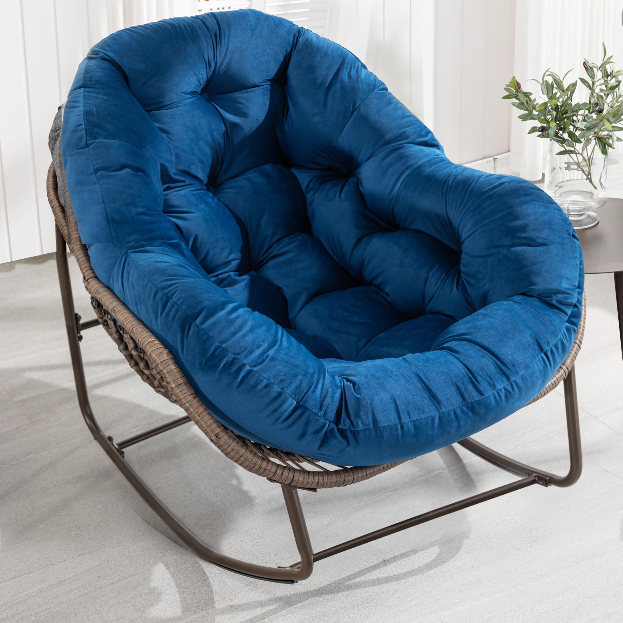 Oversized Papasan Rocking Chair - Outdoor Luxury Comfy Patio Chair, Indoor Egg Royal Rattan Rocking Chair with Strip Velvet Cushion for Front Porch Lounge Lawn Bedroom Living Room (Navy)