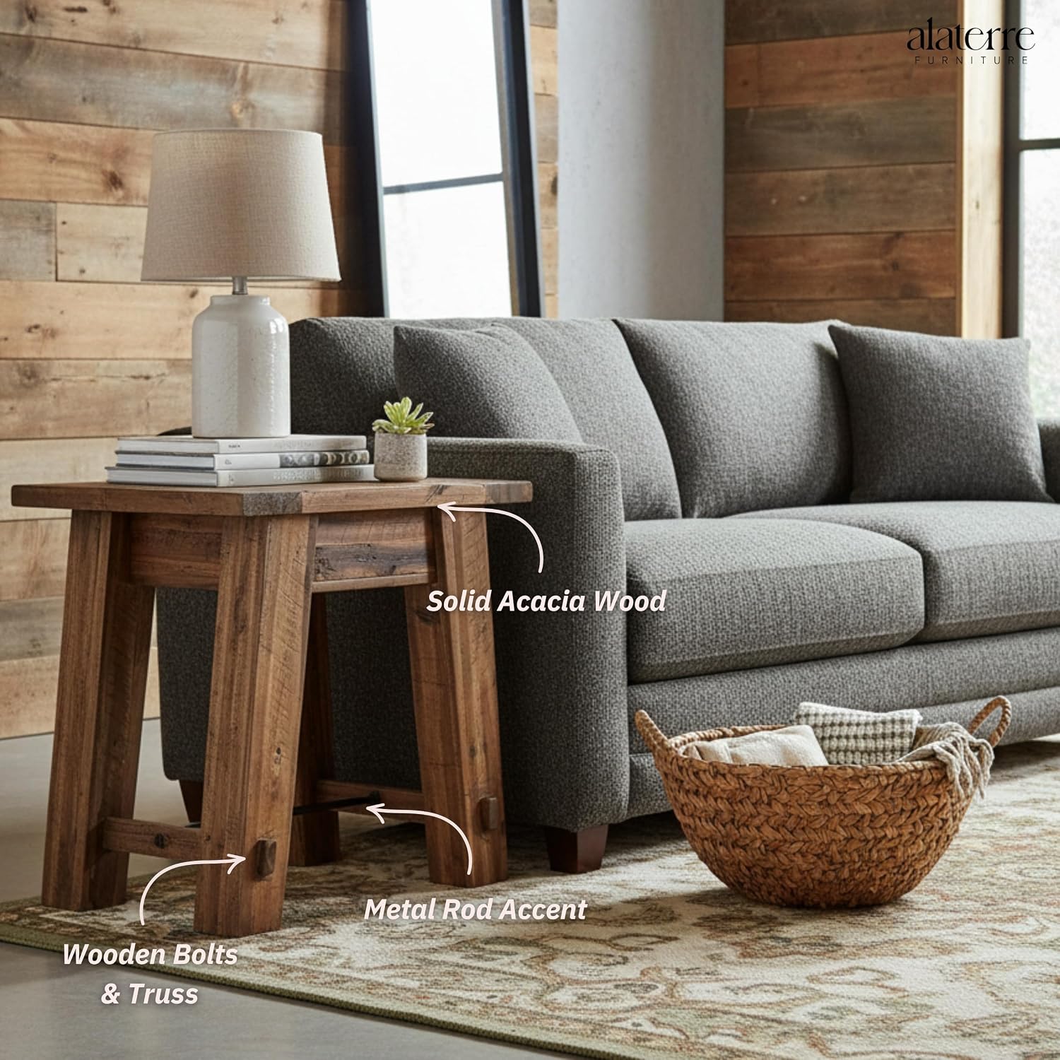 Alaterre Furniture Durango 27-Inch Solid Wood Side Table – Heavy-Duty Industrial End Table with 100 lb Capacity for Living Room, Bedroom, or Home Office (Natural Grain Lacquer Finish)